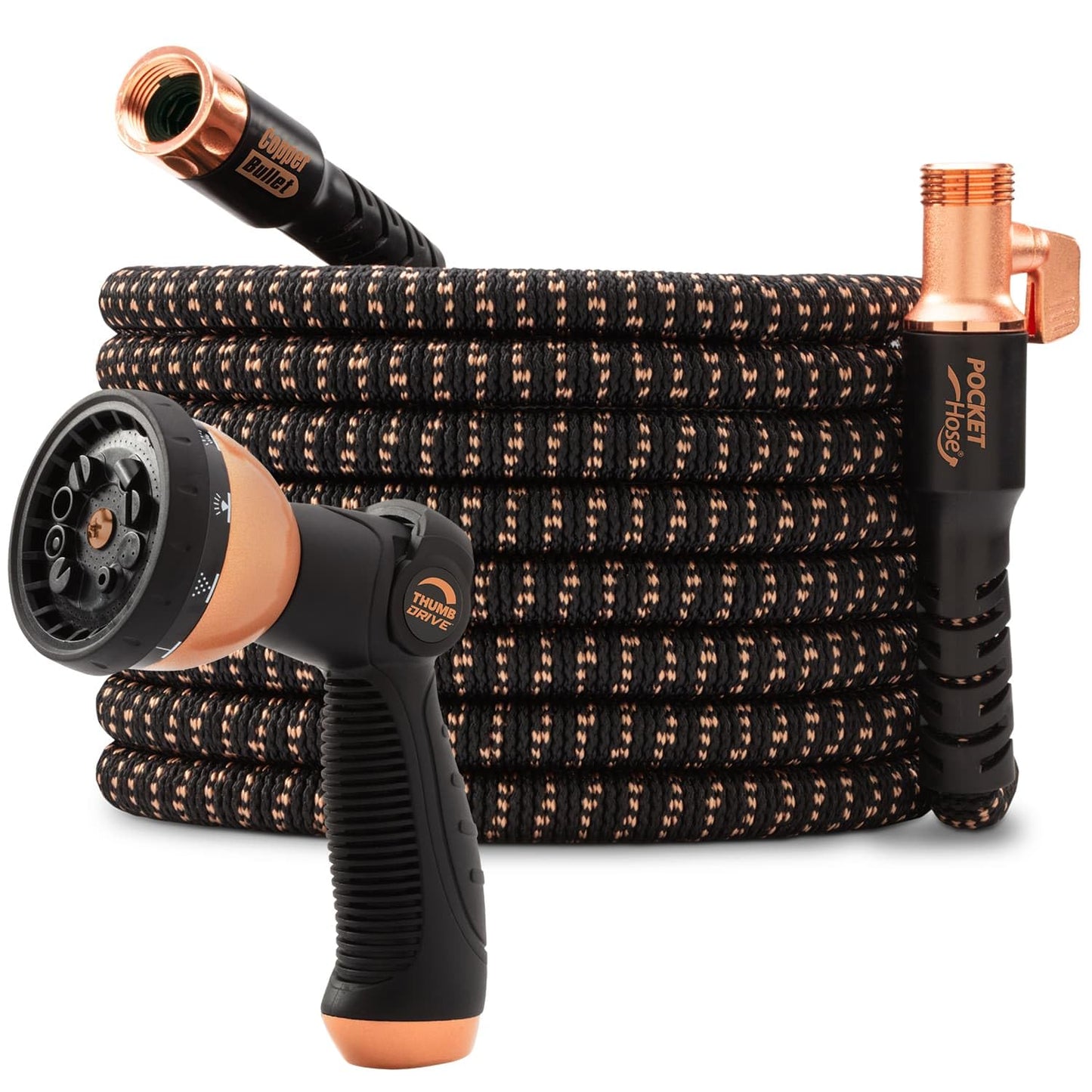 Pocket Hose 100 FT Copper Bullet Expandable Garden Hose w/10 Pattern Thumb Spray Nozzle AS SEEN ON TV 650psi 3/4 in Patented Lead-Free Ultra-Lightweight Solid Copper Anodized Aluminum