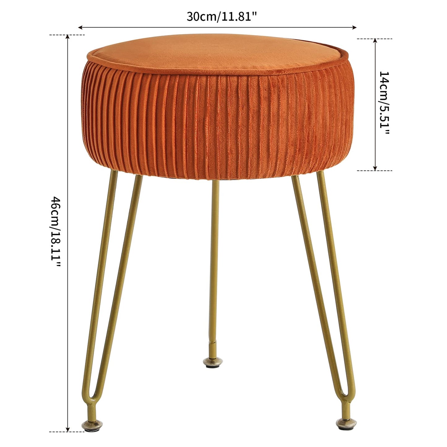 IBUYKE Velvet Round Footrest Stool Ottoman, Makeup Vanity Stool Side Table, Velvet Dressing Table Seat, Pouf Couch Stool, Golden Steel Legs, Orange LG-30J
