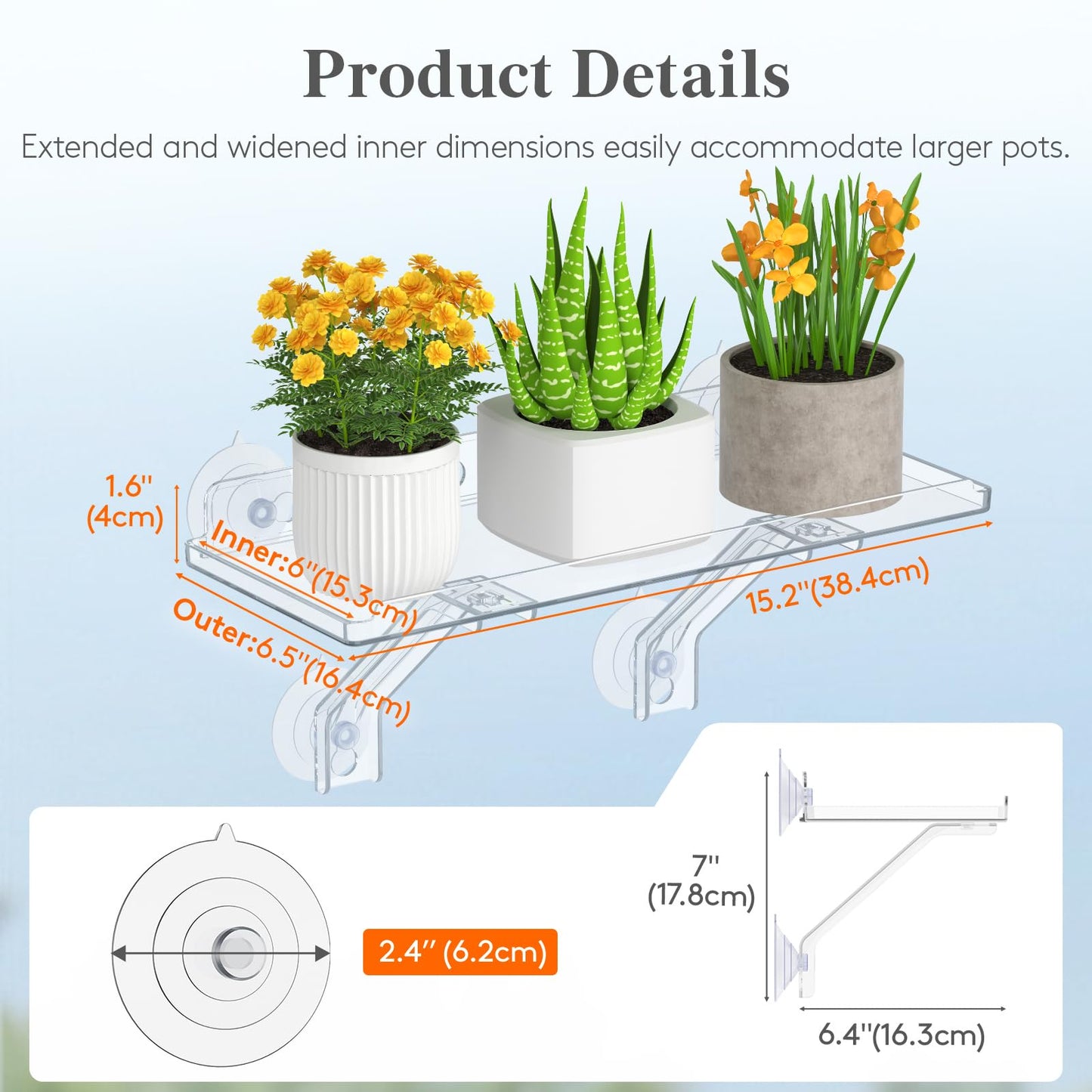 Lifewit 6" Extra Wide & Strong Window Plant Floating Shelves 2 Pack, Heavy Duty Acrylic Suction Cup Shelf, Sill Extender for Succulent Plants, Seed Starter Pots, Herb Planters 38 x 15 cm/15.2x6