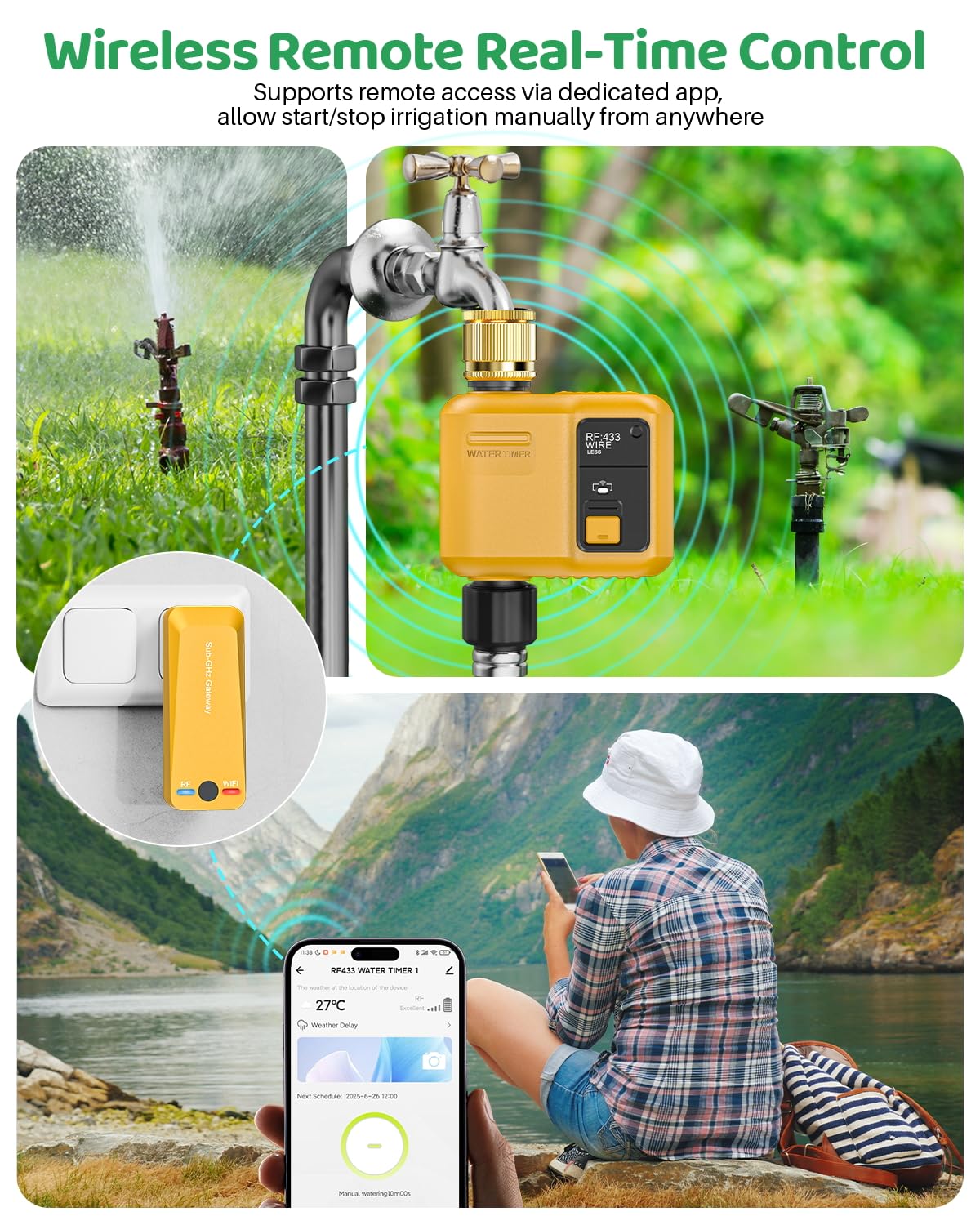 WiFi Water Timer 1 Zone for Garden Hose, 2 Pc Smart Sprinkler Timer with 984ft RF Range, Smart Lawn Watering System Irrigation Controller, APP/Voice Control, Rain Delay, Automatic/Manual Irrigation