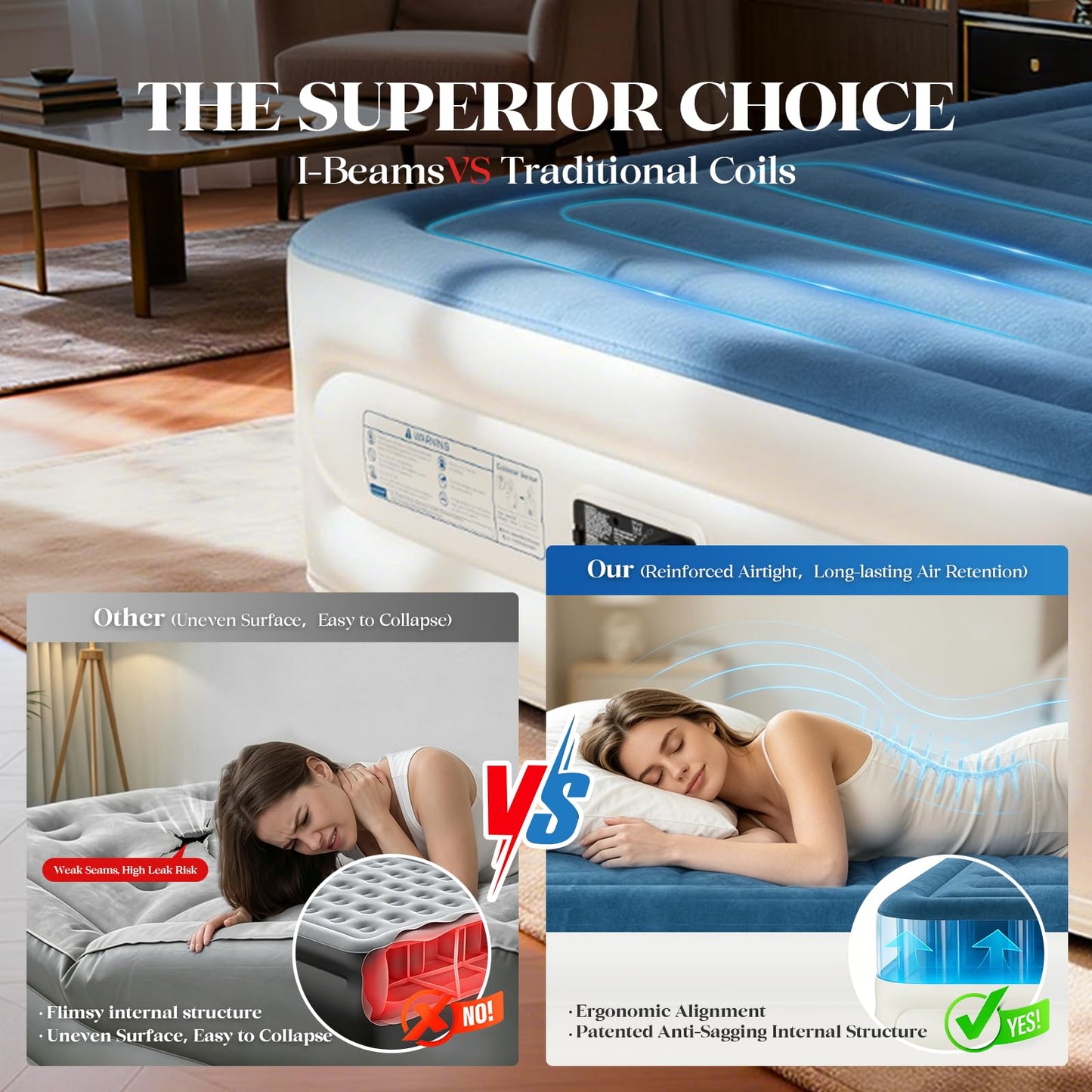 VOSSER Queen Air Mattress with Built-in Pump,18'' Raised Blow Up Mattress, Leak-Proof Air Bed with Storage Bag, Flocked Top Inflatable Mattress for Home, Camping & Guests