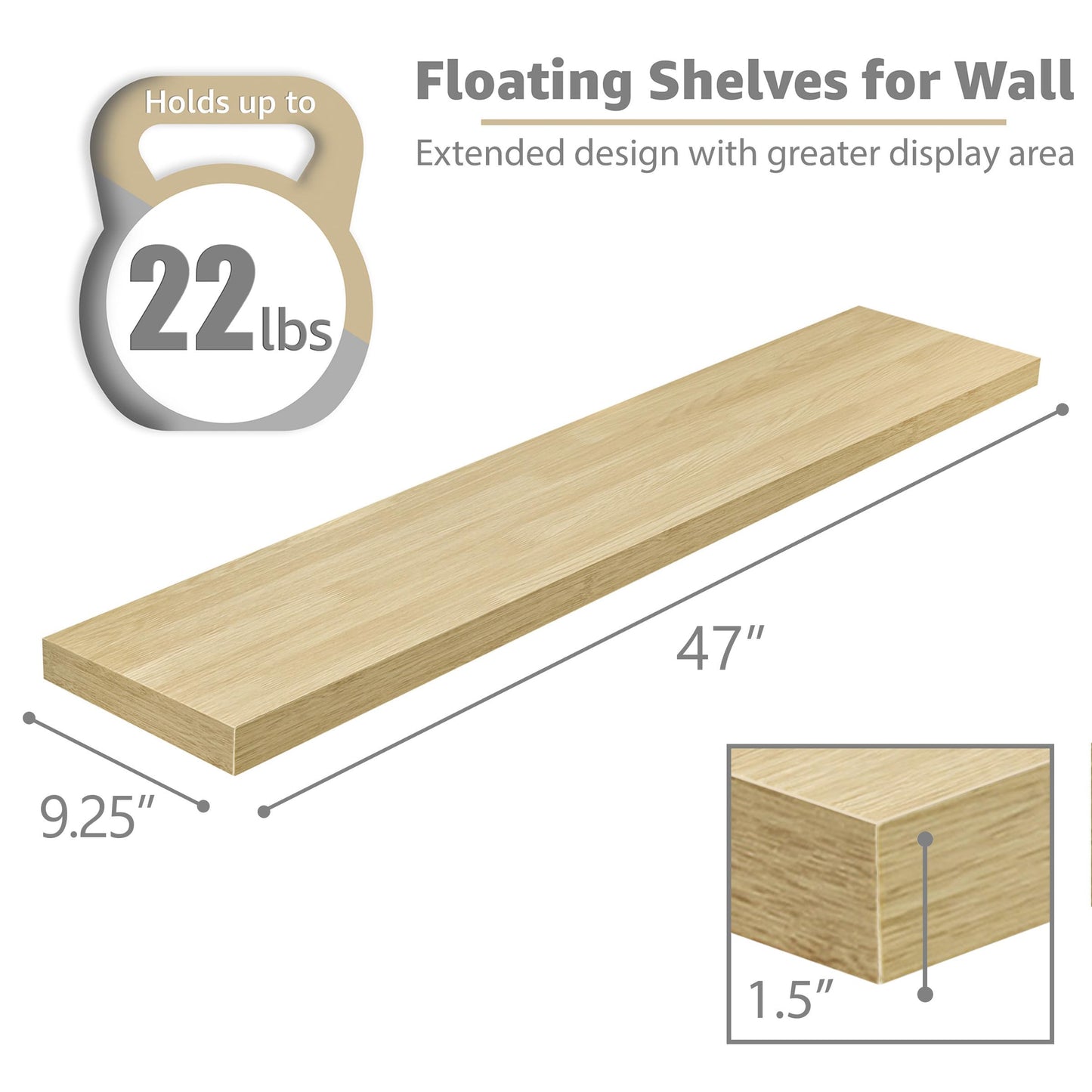 Sorbus Floating Shelves for Wall - 48 Inch Long Bathroom Shelves, Wall Decor for Bedroom, Kitchen, Living Room & Book Storage - Mounted Floating Shelf with Invisible Brackets (Maple Wood, 2 Pack)