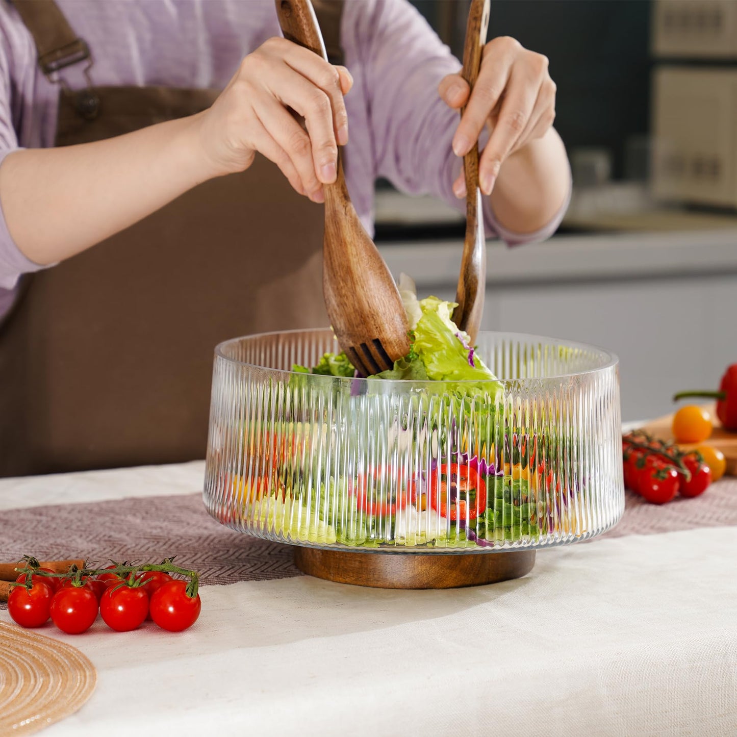 NiHome Extra Large Glass Salad Bowl with Natural Acacia Wood Base, Ribbed Design Oversized Capacity for Family Dinners, Parties, Multipurpose for Serving Salads, Fruits, Wine(Separate-Piece Design)