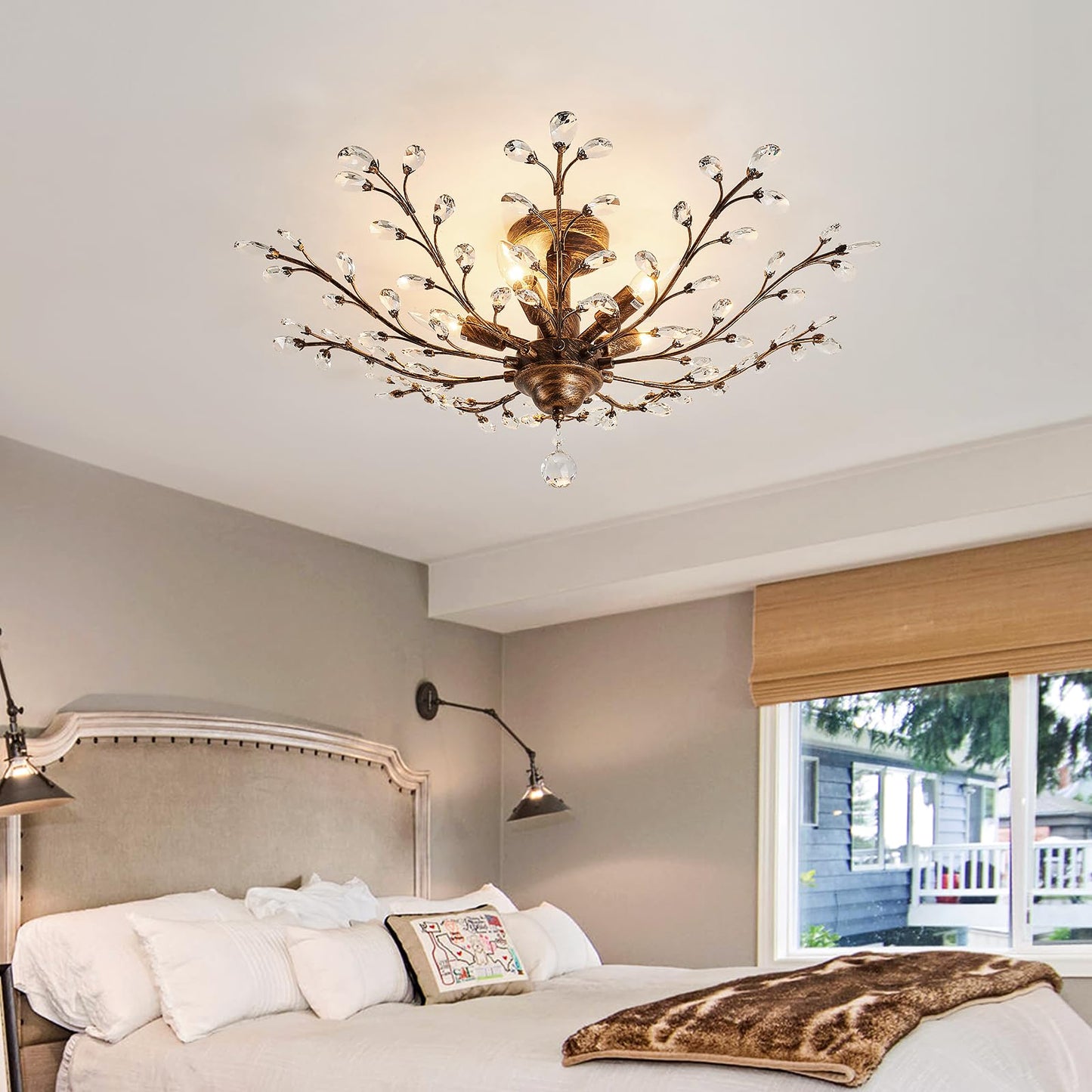 CVKASH 5 - Light Vintage Crystal Chandelier Modern Bronze Branche Ceiling Light Fixture Farmhouse for Kitchen Dining Room Living Room Bedroom Hallway Foyer