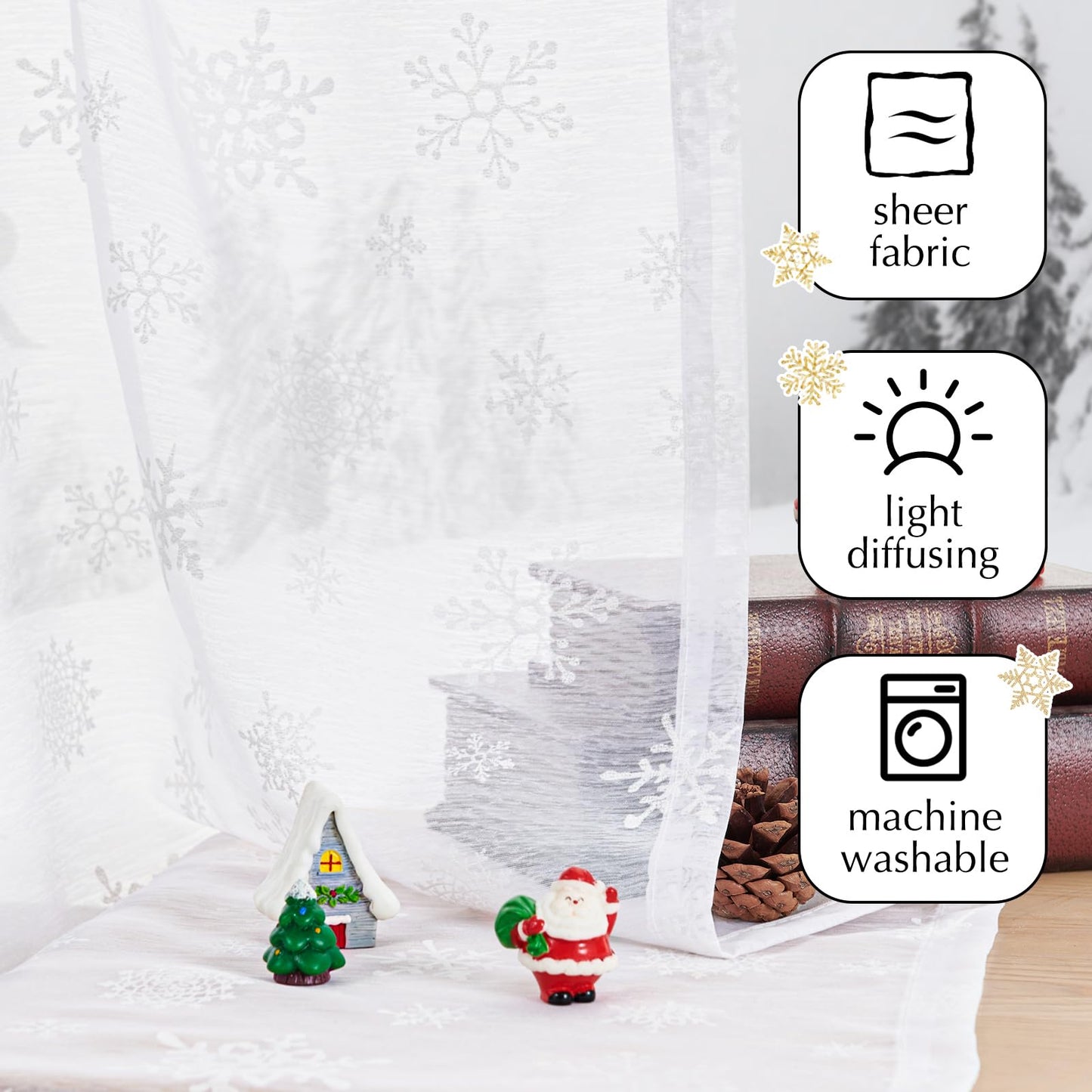 Vangao Snowflake Christmas Curtains White Sheer Curtains 84 Inches Long for Living Room Bedroom Holiday Backdrop Decor Snow Flake Luxury Home Voile Drapes Rod Pocket Window Winter Drape, 2 Panels