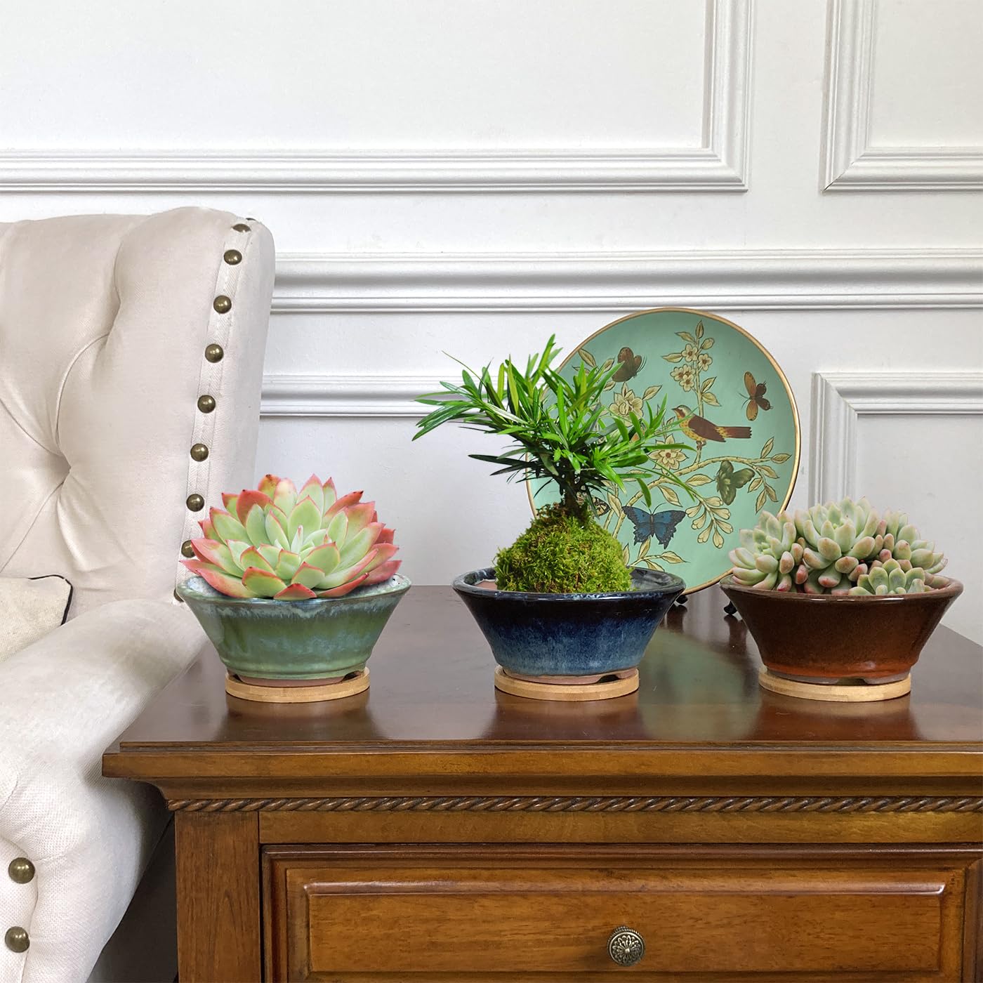 Summer Impressions 6 Inch Glazed Terracotta Succulent Pot Planter Small Plant Pot with Drainage Hole and Bamboo Saucer Cactus Ceramic Pot Set of 3 (Blue Green Orange)