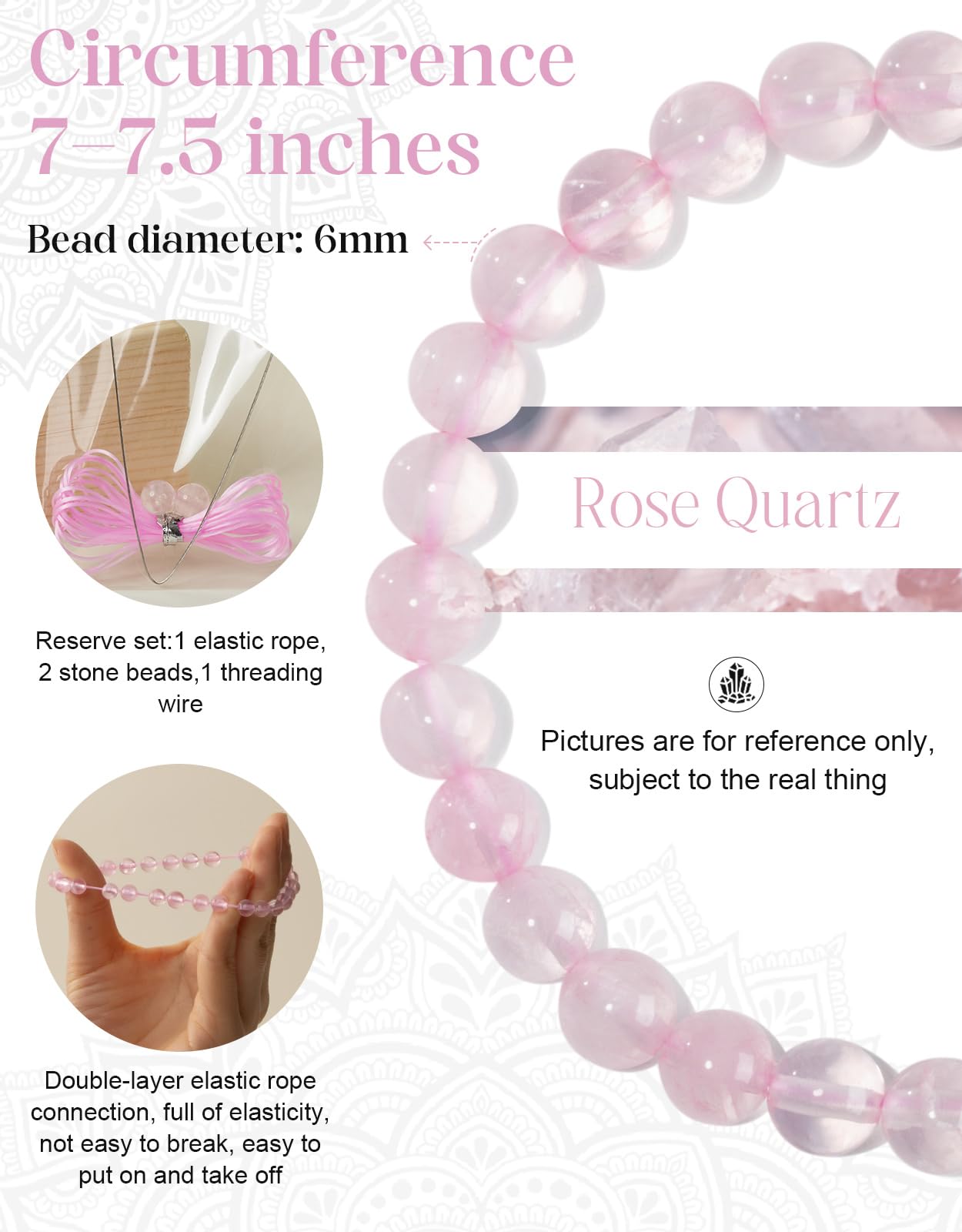 Landorilo Beaded Bracelet for Men Women, 6mm Natural Stone Rose Quartz Healing Crystal Stretch Bracelets, Ideal Christmas Birthday Jewelry Gifts with Energy Card，Replacement Beads Included