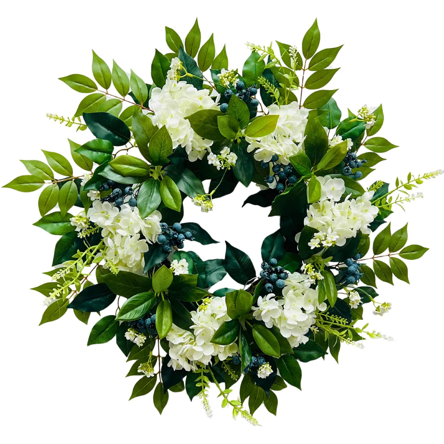 Svndlyn 22 Inch Lighted Hydrangea Wreath with Timer for All Season 20 Lights Steady & Flashing Modes Artificial Hydrangea Flower Blueberry and Eucalyptus Leaves for Outdoor Front Door Wall Window
