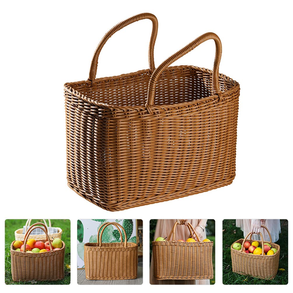LIOOBO Big Picnic Basket with Handle, Plastic Baskets for Gifts Empty, Woven Imitation Rattan Baskets, Gift Storage Basket for Camping, Birthday, Wedding，Picnic, Party
