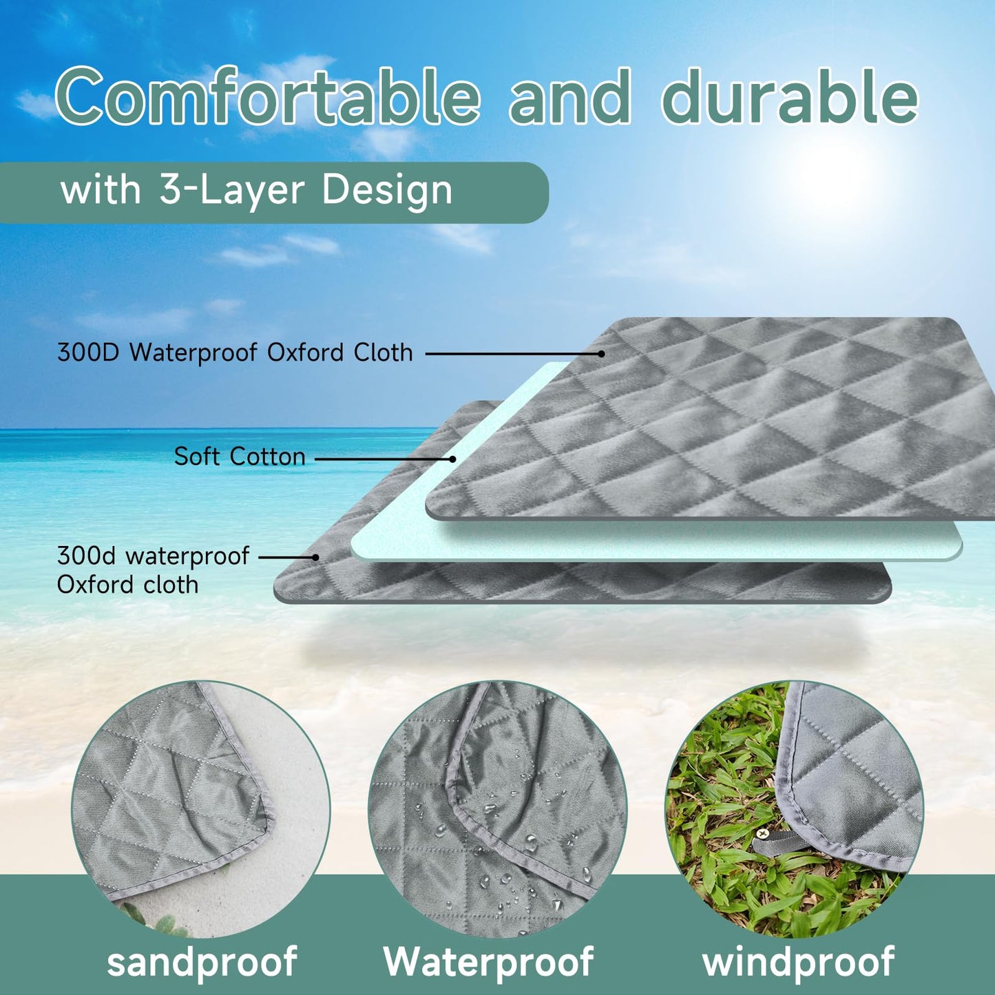 Solaris Waterproof Picnic Blanket, Lightweight 50” x 60” Foldable Sandproof Beach Blanket with Large Pocket, Portable Outdoor Camping Blanket Great Couples Gift Ideas, Gray Wavy