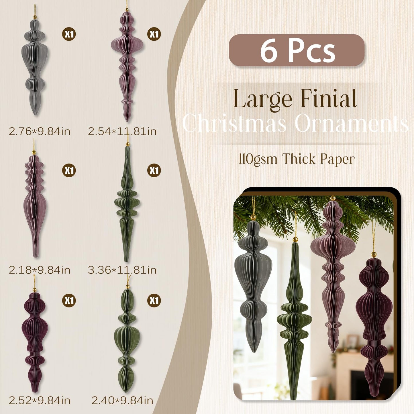 6Pcs Christmas Honeycomb Ornaments for Tree, 3D Paper Honeycomb Hanging Decorations Neutral Finial Christmas Ornaments Lanterns for Xmas Tree New Year Holiday Party Home Decor, Green Pink Gray