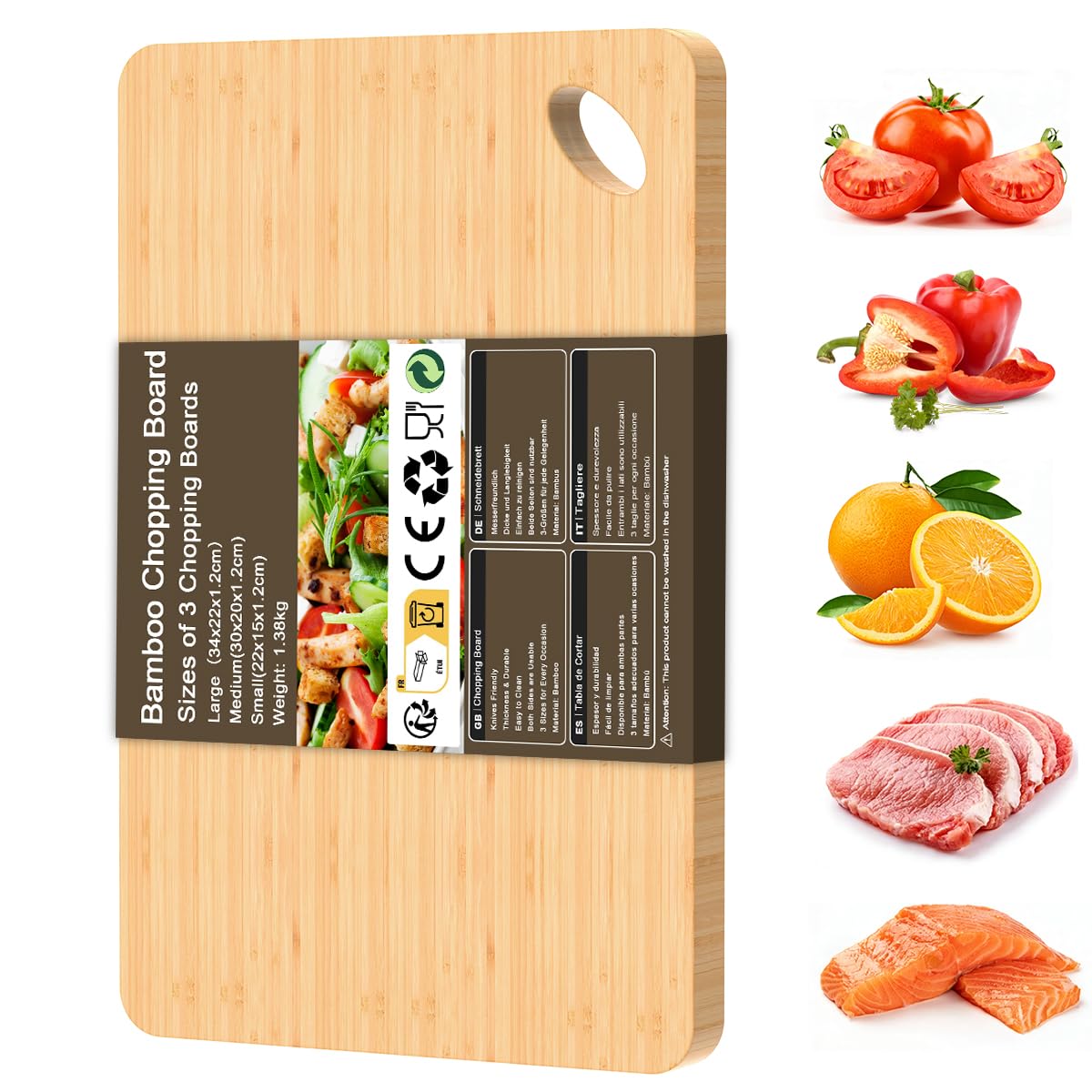 Viretang Wooden Cutting Boards for Kitchen, 15.3 * 8.7'' Knife Friendly Bamboo Cutting Board Lightweight & Durable Chopping Board with Hang Hole for Easy Storage & Clean, Large