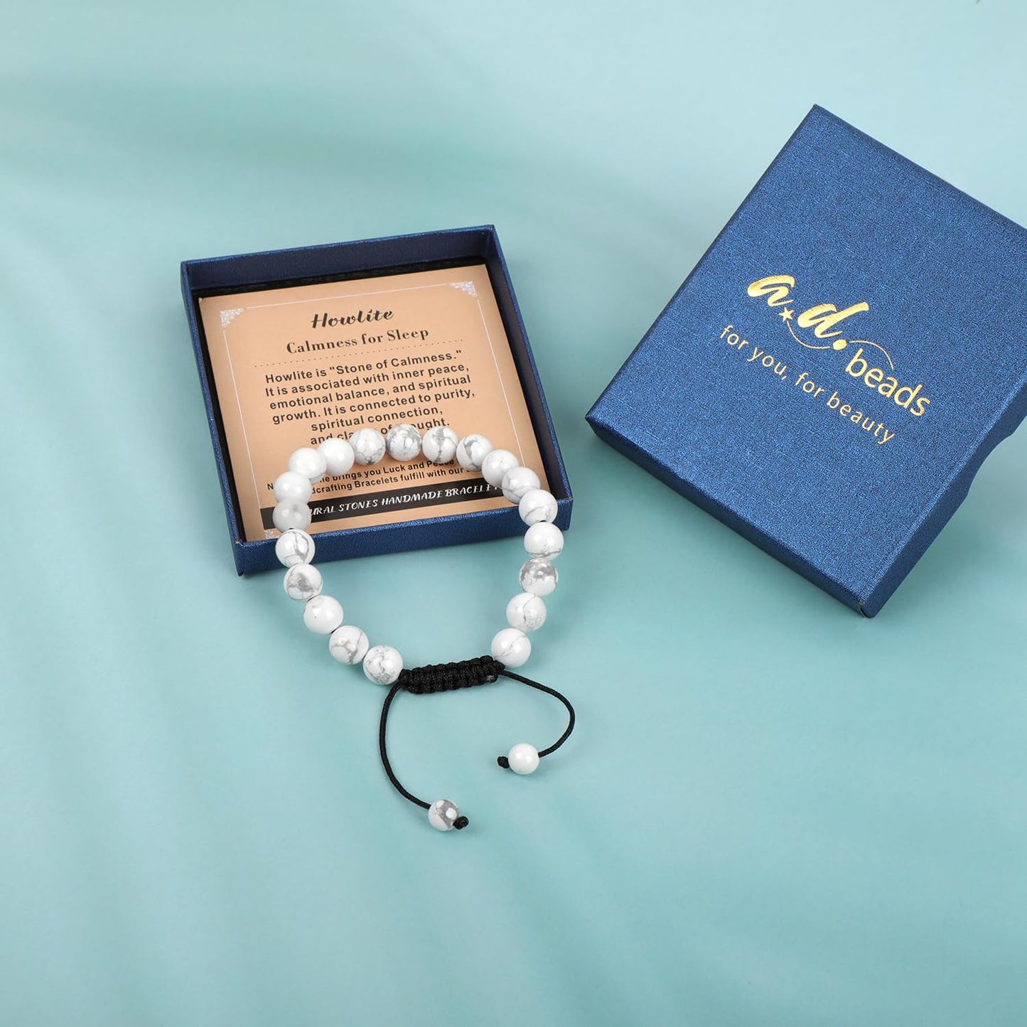 AD Beads 8mm Howlite - Calmness for Sleep - Handmade Natural Stone Crystal Bracelet with Adjustable Macrame String - Yoga Healing Power Energy Gifts for Men and Women