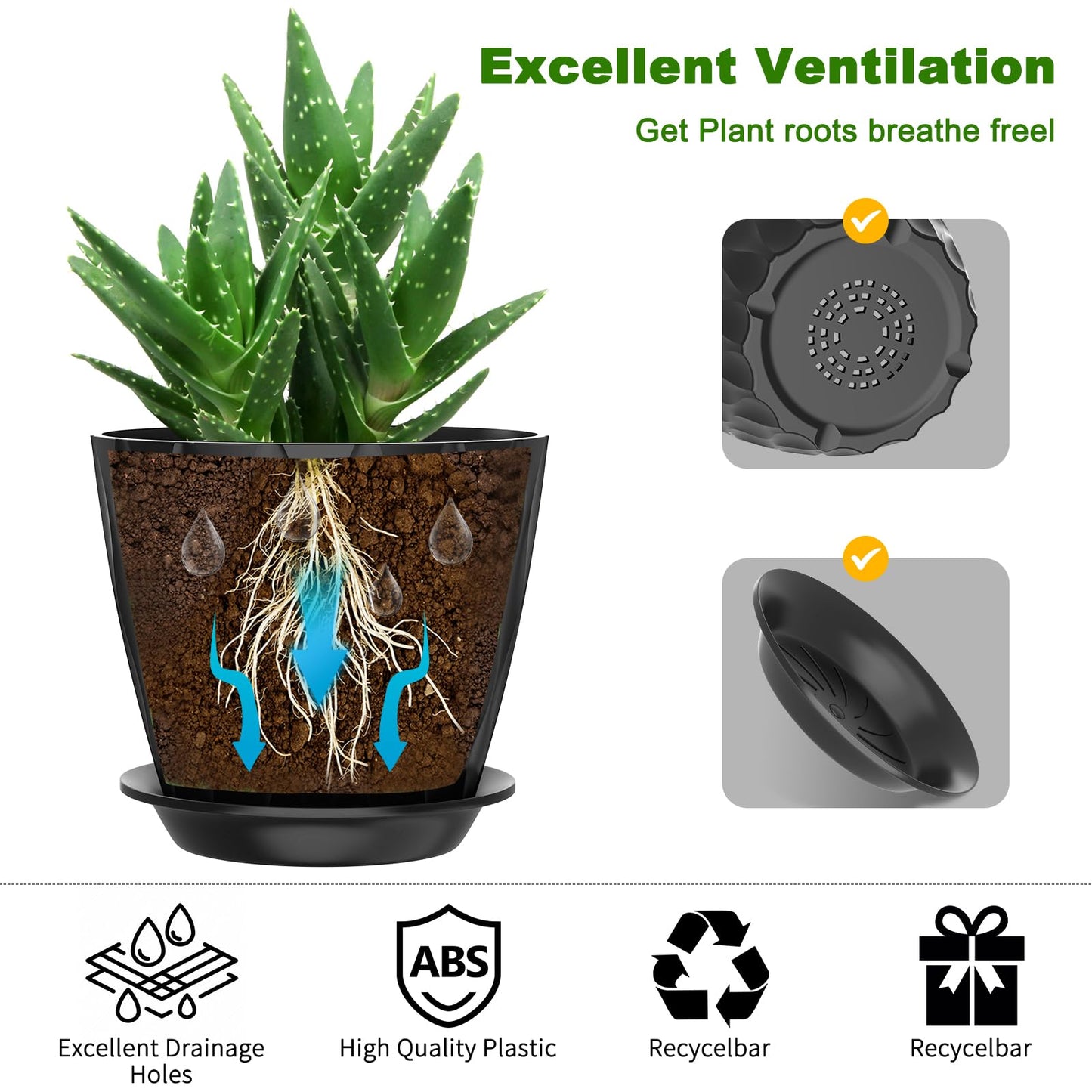 GDJUQZ 6 Pack 7 Inch Indoor Plant Pots with Drainage Holes, Outdoor Plastic Decorative Flower Pots, Garden Planters with Tray Saucers for Orchids, Violets, Succulents, Herbs, and Other Plants