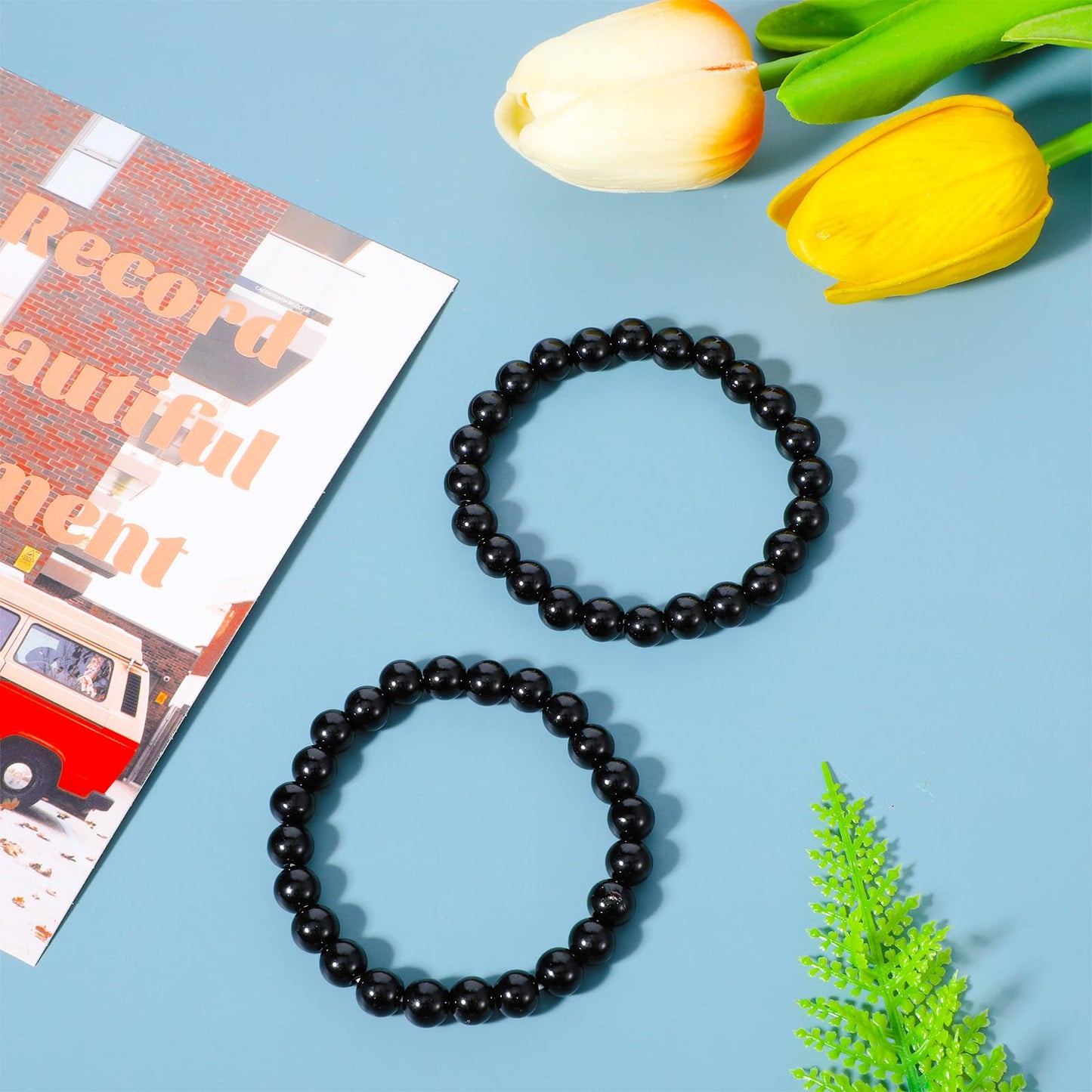 Heclia 2Pcs Black Obsidian Bracelet for Women Men, 8MM Natural Stone Stretch Beaded Bracelet, Healing Crystal Energy Jewelry for Stress Relief Yoga Gifts