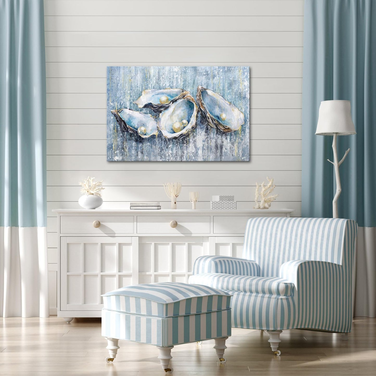 FuShvre Coastal Theme Wall Art Decor Oyster Shell with Pearl Canvas Painting Blue Prints Artwork for Bathroom Bedroom Stretched and Framed 36"x24" (L)