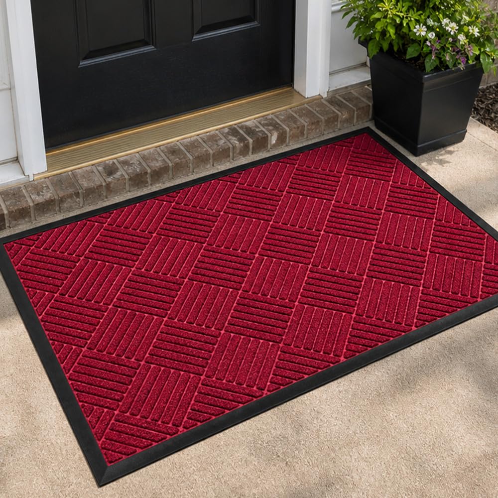 MATZEN Diamond Door Mat Indoor Outdoor Rug Floor, Front Entrance Entryway, Heavy Duty Low Profile Rubber Waterproof Garage Patio Porch Weatherproof, Non Slip Absorbent Dirt Trapping, 17x29, Red