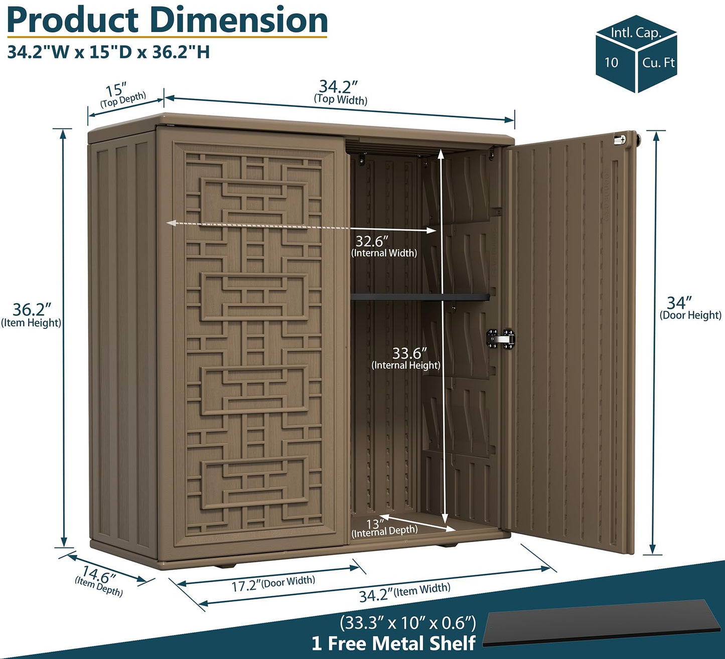 HOMSPARK Indoor/Outdoor Storage Cabinet with Doors and Shelf, 34”x16”x36” HDPE Plastic Storage Box for Patio, Balcony, Multi-Purpose for Tools, Brown