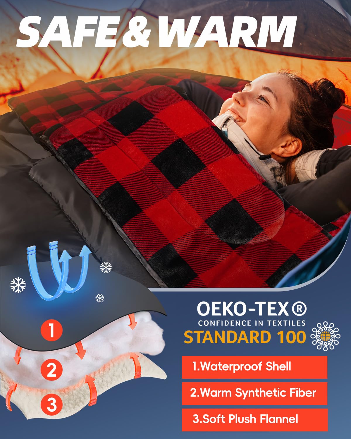 MEREZA Flannel Double Sleeping Bag for Adults Cold Weather, XL Queen Size Sleeping Bag for All Season 2 Person Big and Tall Sleeping Bags for Camping 0 Degree with Pillow