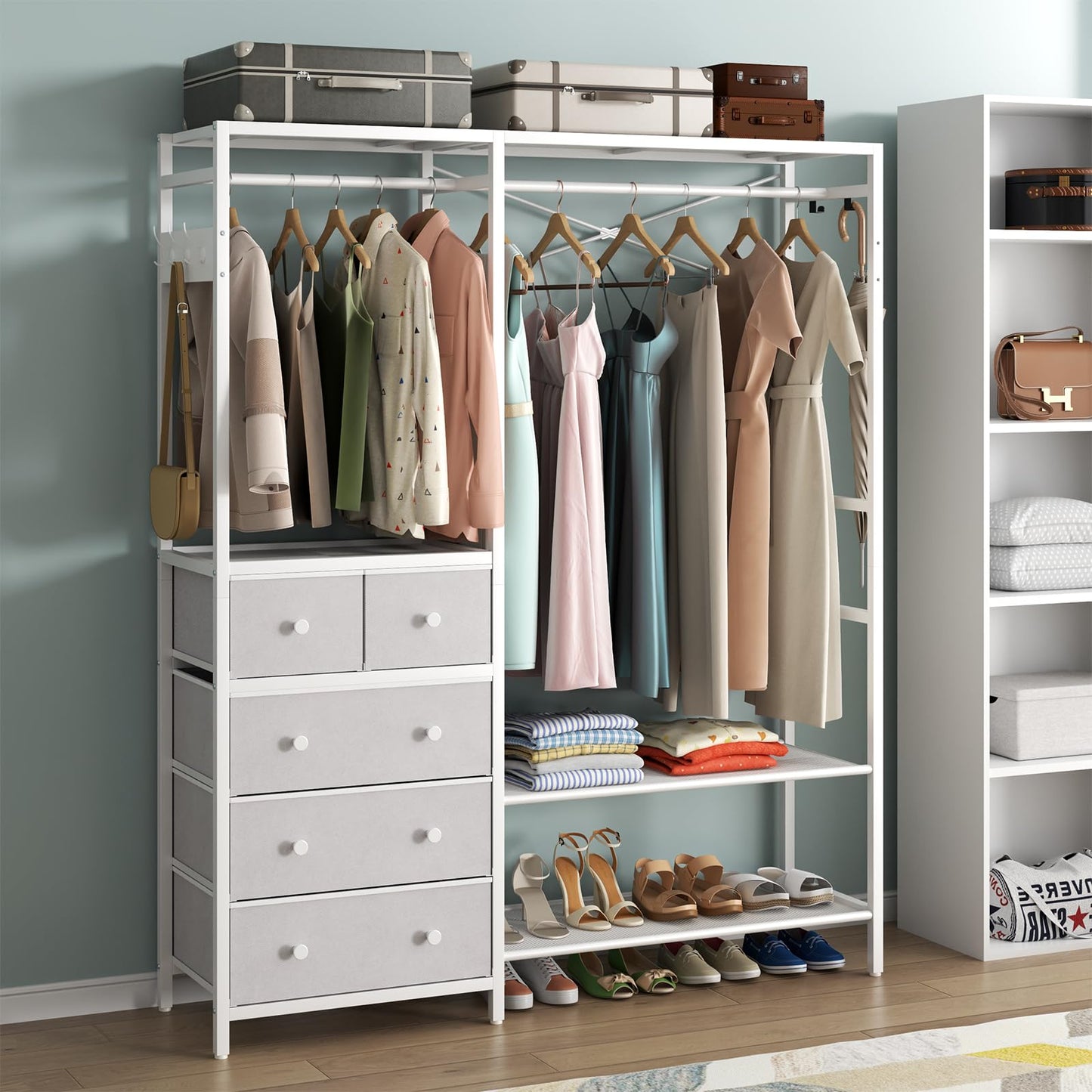 Auromie Clothes Rack with 5 Drawers & 4 Storage Shelves, 59.1W*70.9H Heavy Duty Clothing Rack with 2 Hanging Rods, Wardrobe Closet Organizer System with 5 Hooks, Freestanding Garment Rack (White)