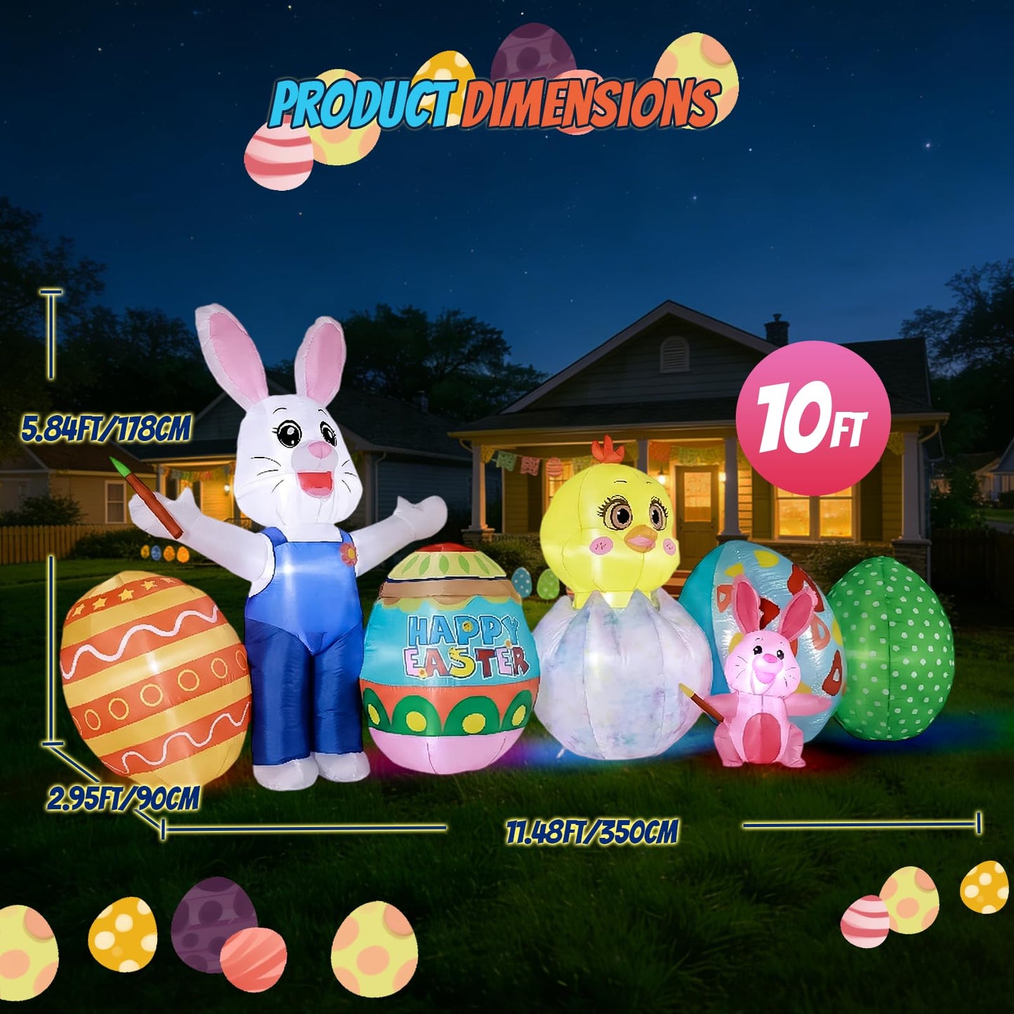 KISSUNY Easter Inflatable Outdoor Decoration, 11.5 FT Wide White Bunny with Chick and Easter Eggs, Built-in LED Lights, Blow Up Yard Decor for Lawn and Garden