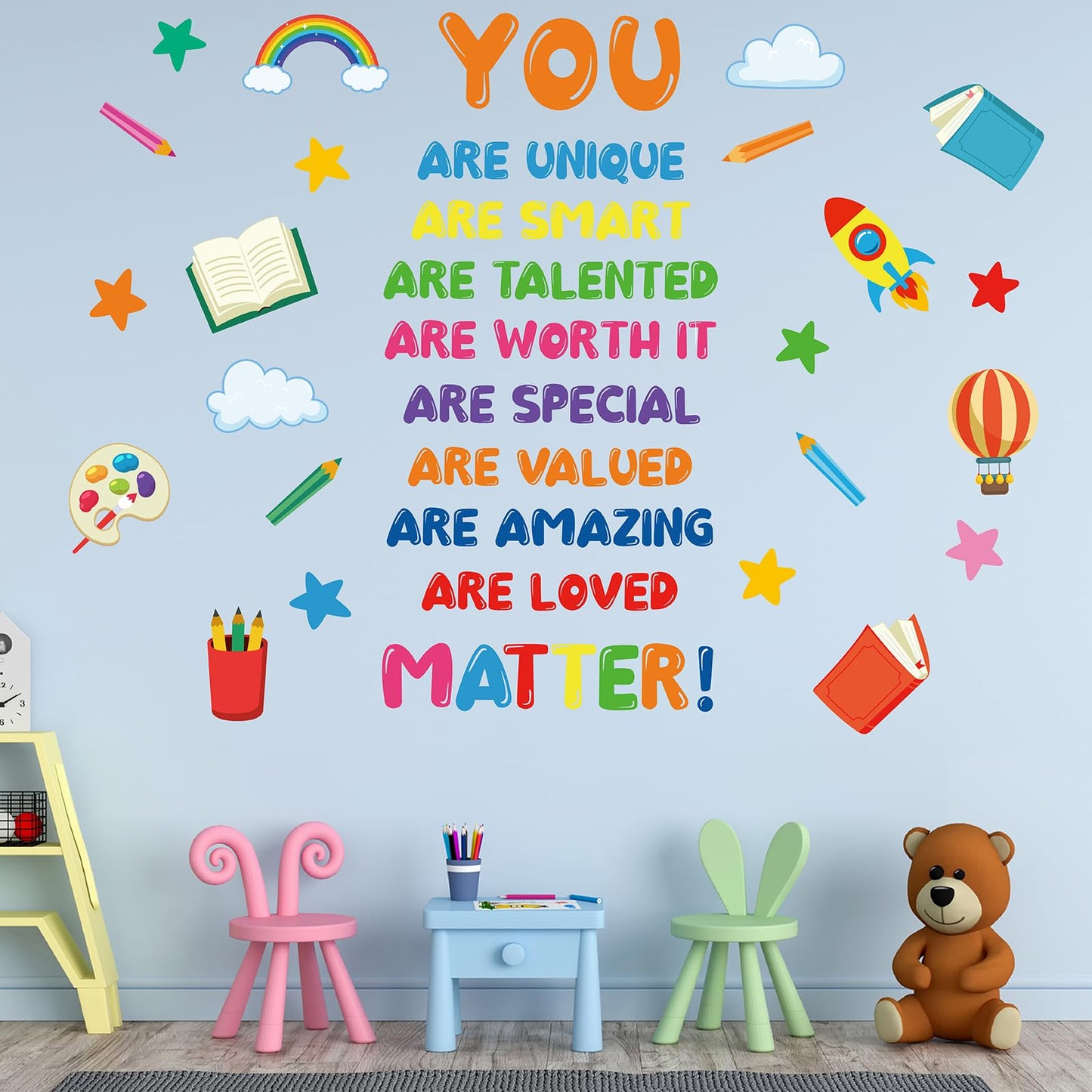 Kids Affirmation Wall Decals, Positive Motivational Wall Stickers “You are Unique Smart Talented Loved”, Peel and Stick Vinyl Decor for Kids Room, Classroom, Playroom, Nursery