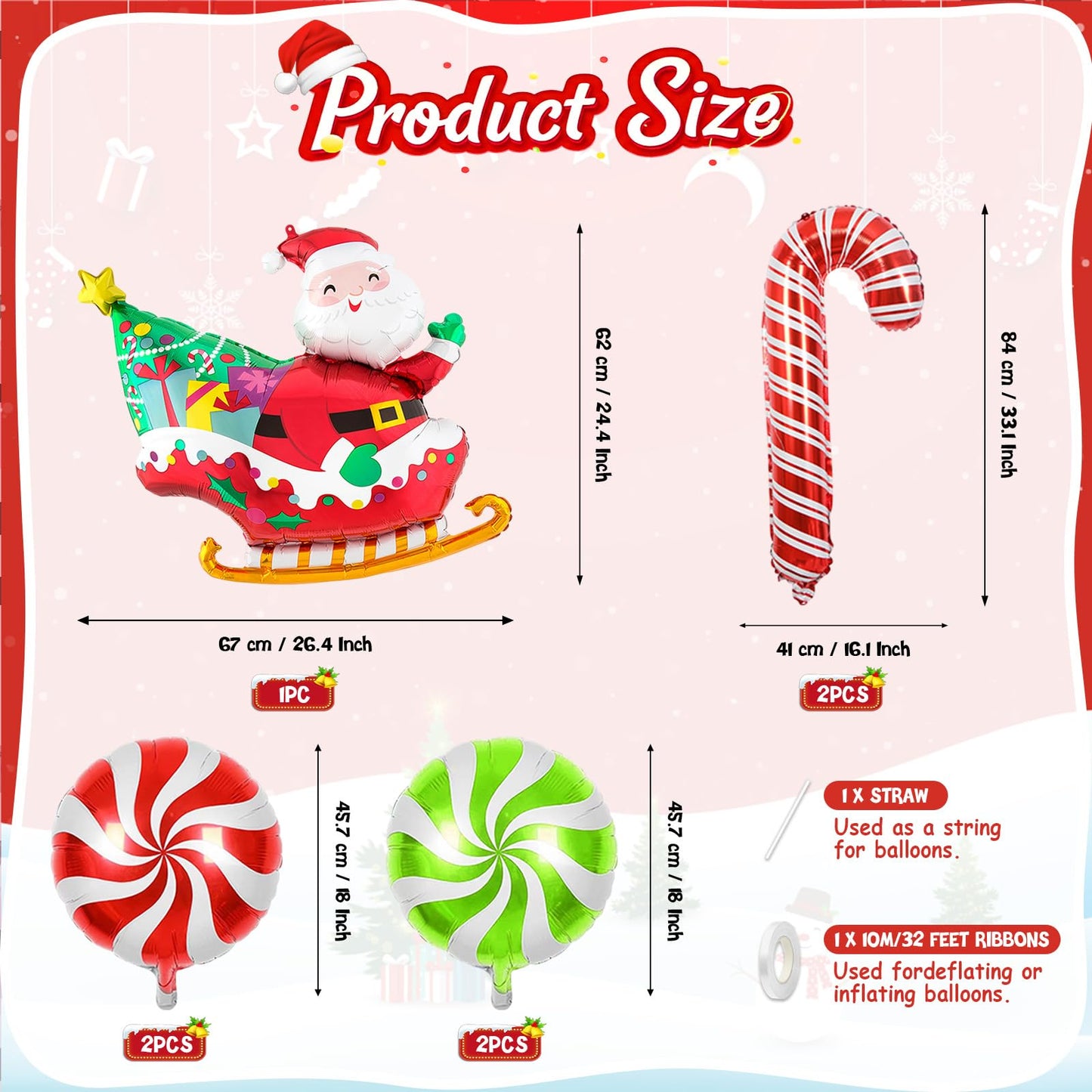 Biapian Christmas Balloons Decorations, Large Santa Claus Balloons Foil Red Green Windmill Candy Cane Balloon Helium for s Christmas Baby Shower Holiday Xmas New Year Birthday Party Decorations