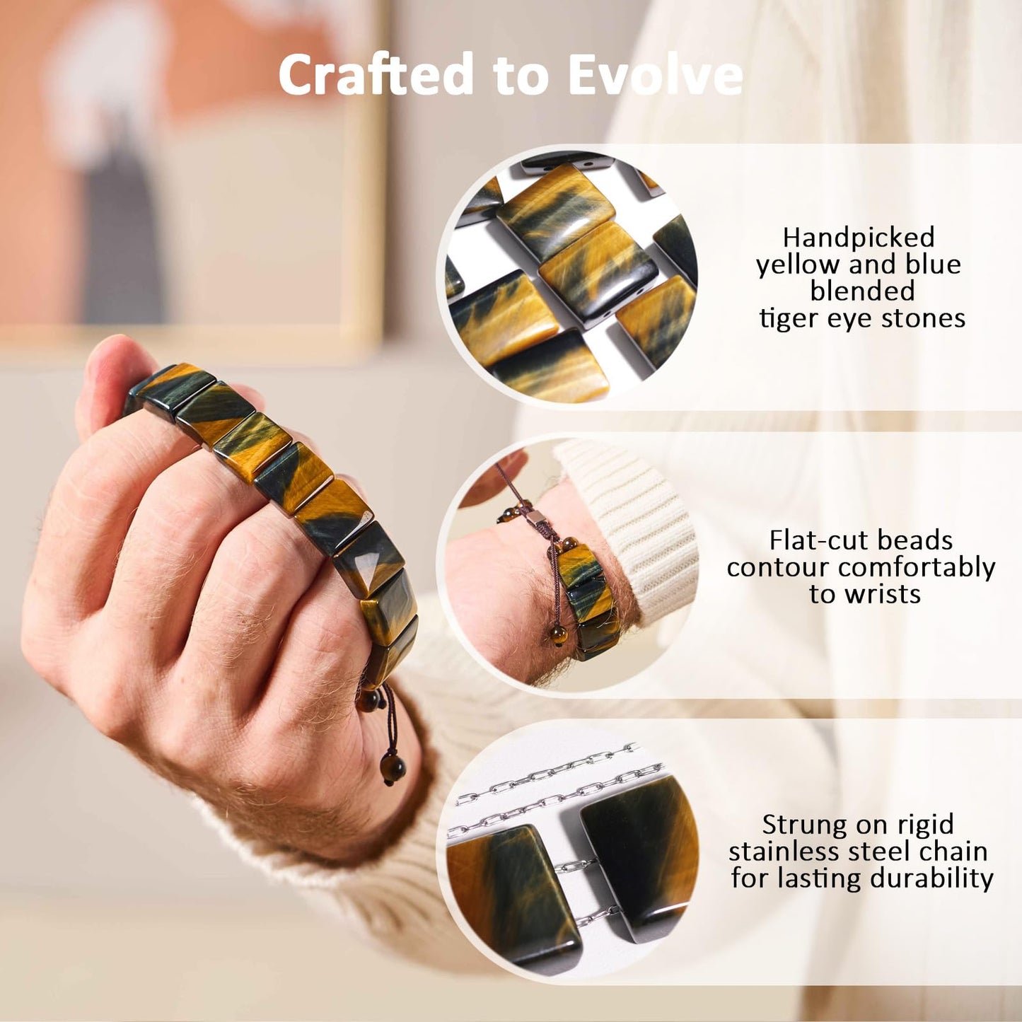GALKCRST Tiger Eye Bracelet for Men Yellow & Blue Energy Beads with Stainless Steel Chain with Adjustable Knot Healing Crystal Bracelet for Protection and Balance - Gift Ready for Dad Husband Son