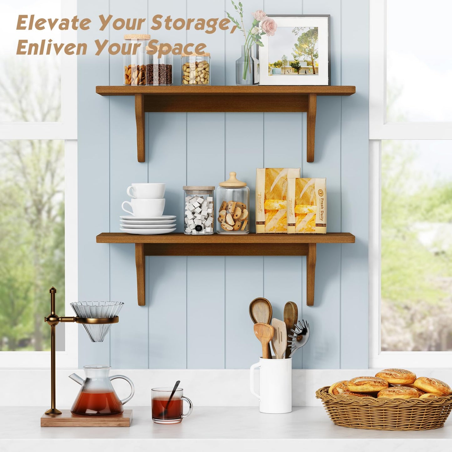 Forbena Wooden Floating Shelves for Wall Set of 3, 24 Inch Wall Shelf for Bedroom, Dark Wood Arched Hanging Wall Shelves for Bedroom, Living Room, Office, Nursery, Dining Room (Walnut Brown)