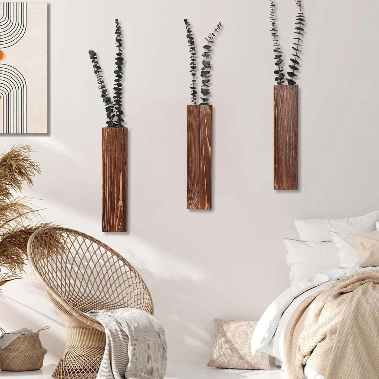 Sawoake Wooden Wall Planter Set of 3 - Modern Home Decor for Living Room, Bedroom, Bathroom - Walnut Finish Planter for Dried Flowers, Faux Greenery, Indoor Plants