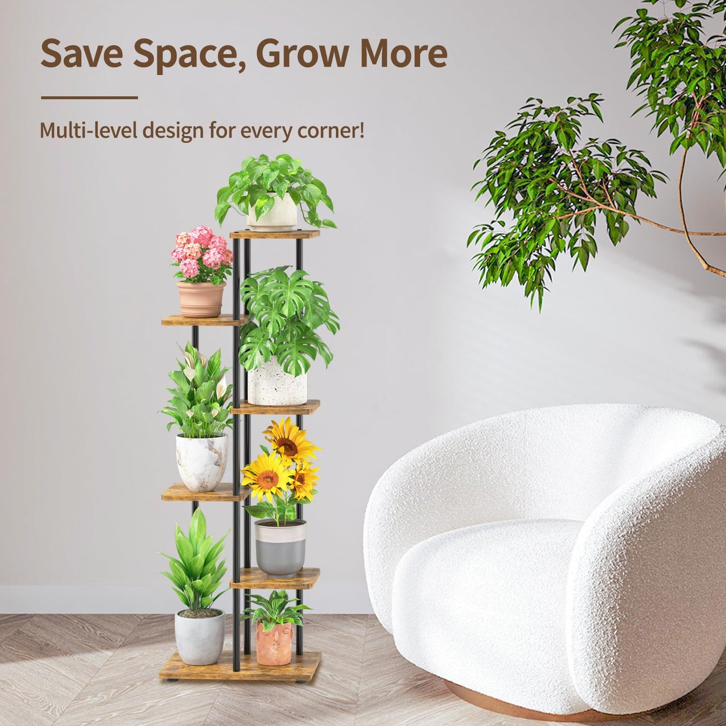LASZOLA Black 5 Tiered Wood Plant Stand Indoor for Larger Heavy Duty Planter, Sturdy Multi Level Vertical Flowers Racks for Narrow Inside Floor, Decorate Shelving for Hold House Tree, Space Saving