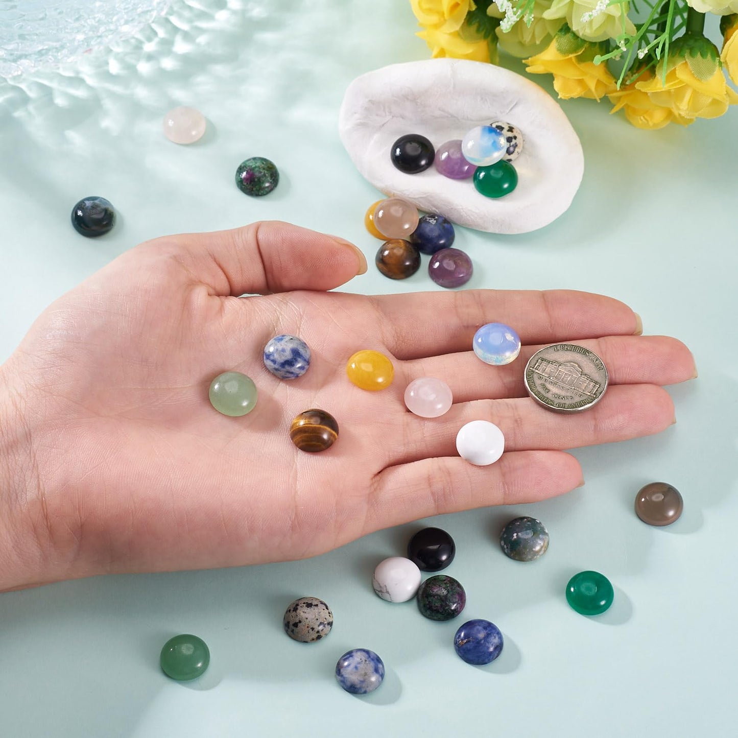 Fashewelry 30pcs Mixed Natural Gemstone Cabochons 12mm Flat Round Crystal Stone Cab Covers Chakra Healing Stone Beads for Earring, Pendant, Bookmark Cabochon Setting Jewelry Making
