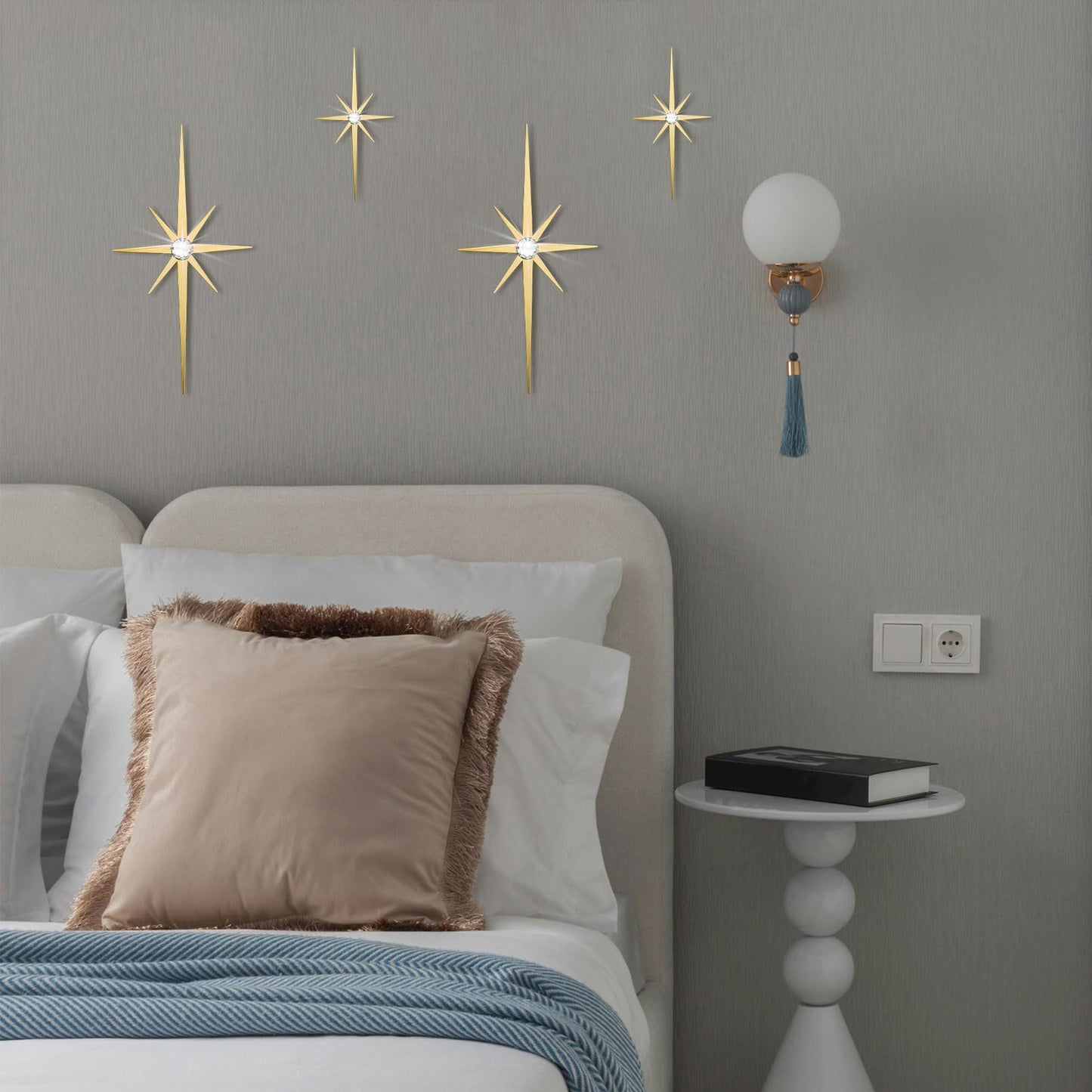 Sxnzequnze 4 Pack Metal Star Wall Art 8 Pointed Starburst Wall Decor Set with 2 Large & 2 Small Pieces Mid Century Celestial Metal Wall Sculpture for Bedroom Living Room Office Gallery Wall