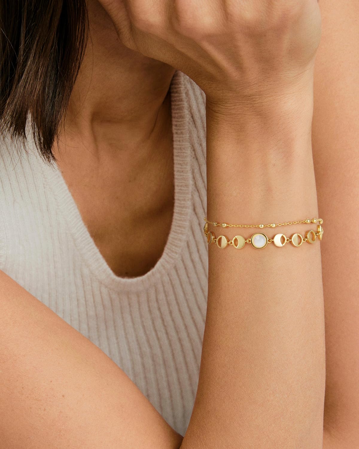 Moonstone Moon Phase Link Bracelet for Women, 14K Gold Plated Celestial New Full Moon Lunar Charm Double Layered Chain Gift for Birthday Christmas Boho Spiritual Jewelry for Wife Girlfriend Daughter