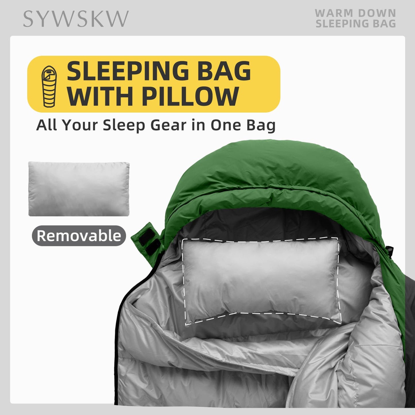 SYWSKW Ultralight Down Sleeping Bag with Pillow,15°F 32°F 46°F Sleeping Bag for Women,Men,Youth Backpacking,Hiking and Camping Outdoor with 680FP Duck Down (Green, 800g Down Filling)