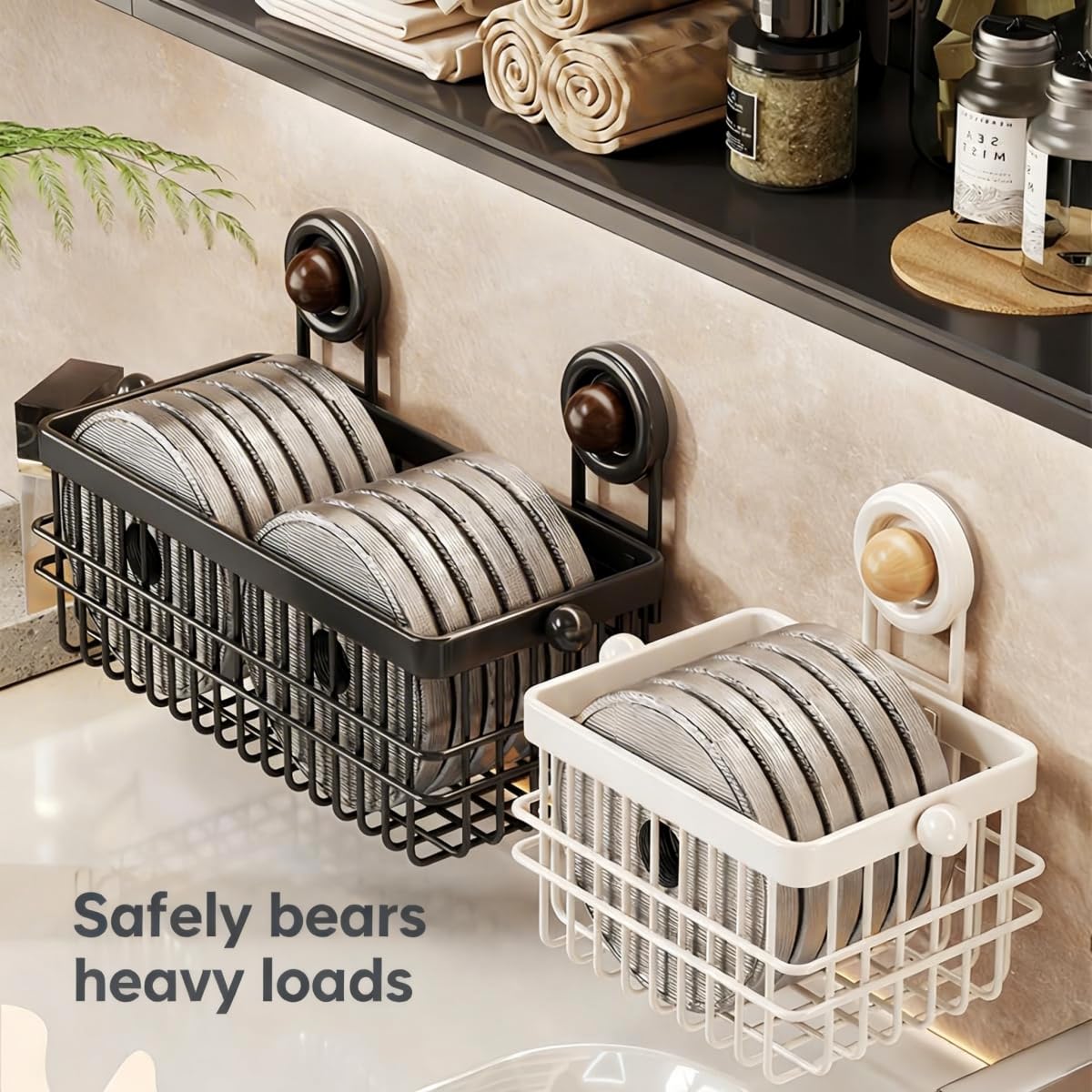 XIKEMADI Drill-Free Wall Mount Storage Basket, 11"x4.6"x3.9" Adhesive Mount Organizer for Kitchen & Bathroom, Waterproof Cotton Facial Tissue Holder for Counter (Black)