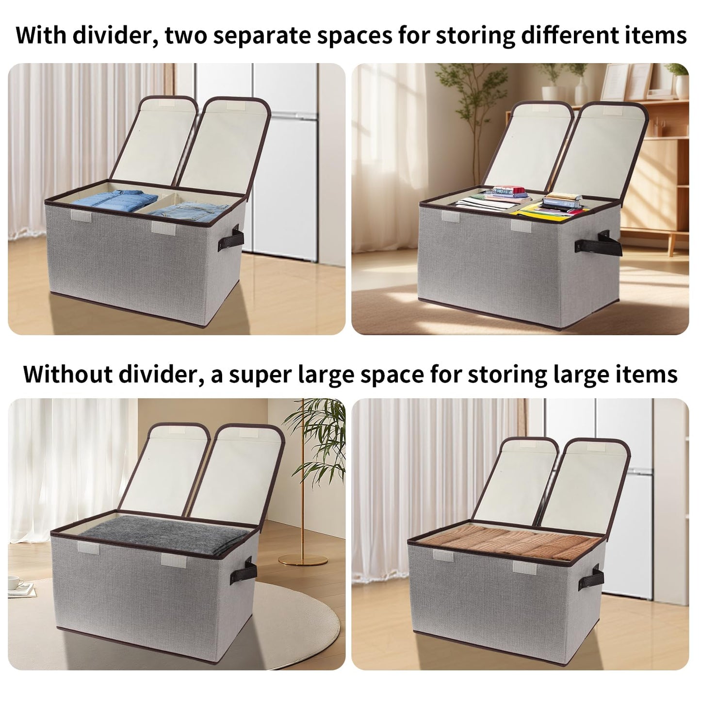 Tcbelosion Foldable Fabric Storage Box, 16.5 x 11.8 x 9.8 inches (L x W x H), with Double-Lid & Dividers, Large Organizer for Home, Closet, Office(Grey)
