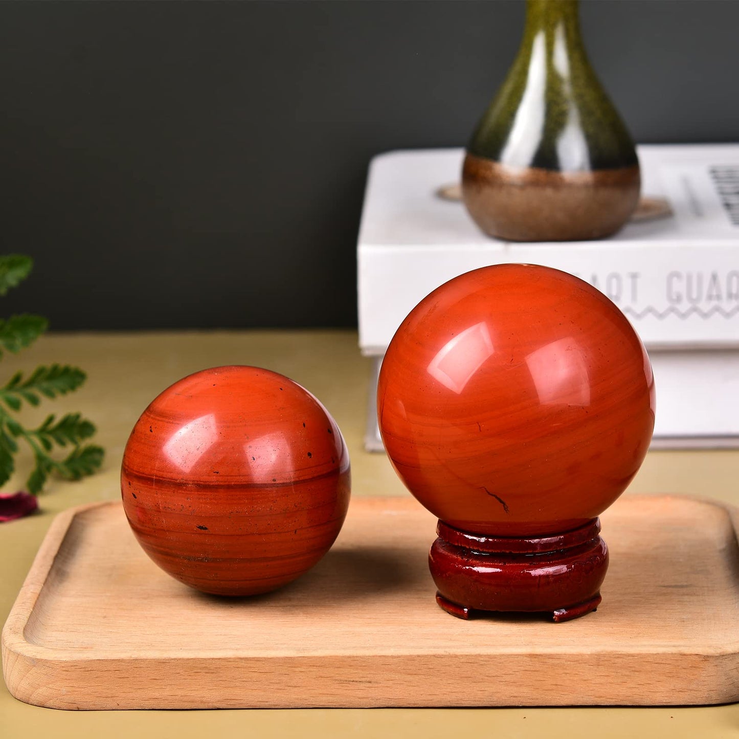 JIC Gem Red Jasper Crystal Sphere Ball Natural Quartz Crystal Sphere Ball with Wooden Stand (50-60mm)