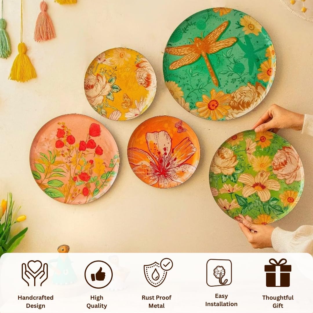 RITUALISTIC Pastel Blooms Iron Wall Art Plates – Set of 5 Decorative Plates | Floral & Nature-Inspired Metal Wall Decor | Soft-Toned Wall Hanging for Living Room, Bedroom & Valentine's day gifts