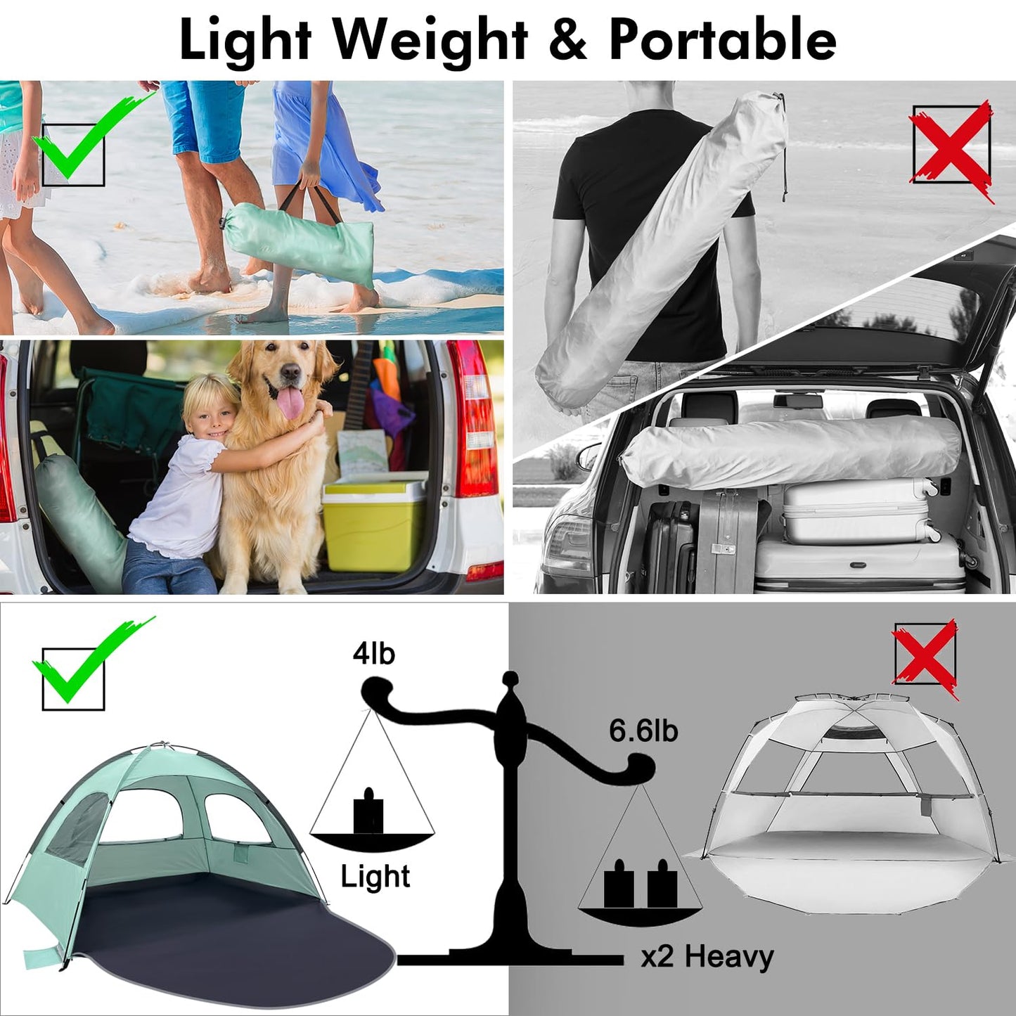 WhiteFang Beach Tent Anti-UV Portable Sun Shade Shelter for 3 Person, Extendable Floor with 3 Ventilating Mesh Windows Plus Carrying Bag, Stakes and Guy Lines (Mint Green)