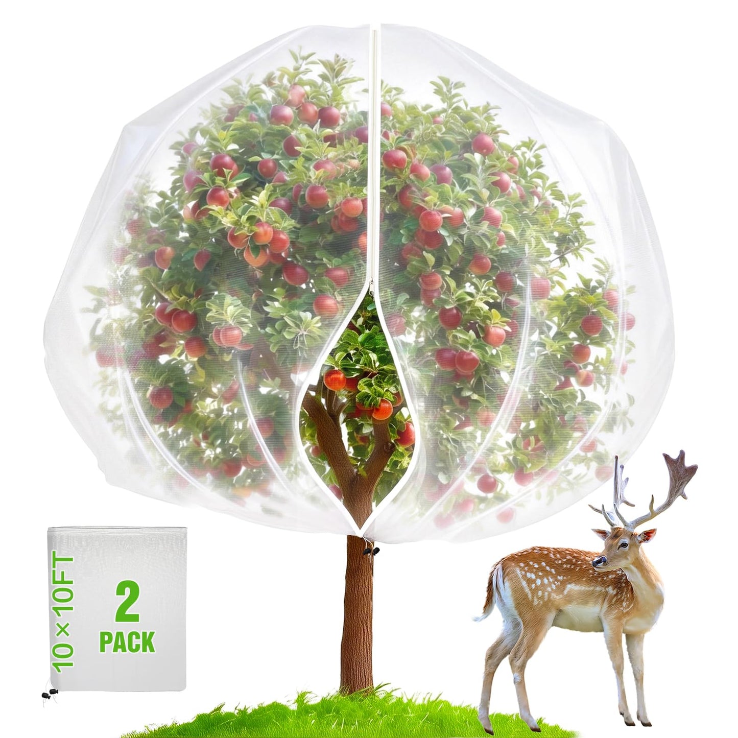 JoyHalo Large Fruit Tree Netting with Zipper & Drawstring, 10 × 10FT Pest Barrier Netting for Garden, 60-Mesh PE Tree Covers for Bush, Blueberry, Vegetables & Plant Protection (2 Packs)