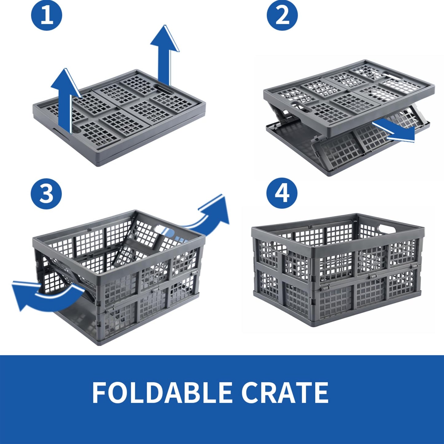 Aebeky 3-Pack Plastic Collapsible Storage Crates-30L,Foldable Plastic Crates for Storage (Gray)