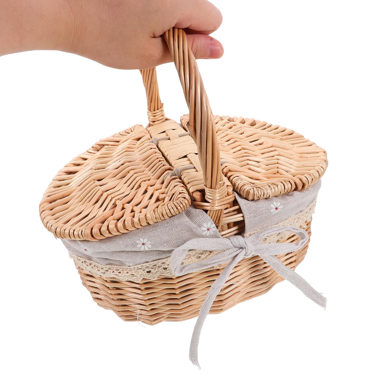 Wicker Picnic Basket with Lid and Handle: Small Hand Woven Rattan Tote Basket Food Hamper Gift for Wedding Easter Outdoor Beach Picnic Camping