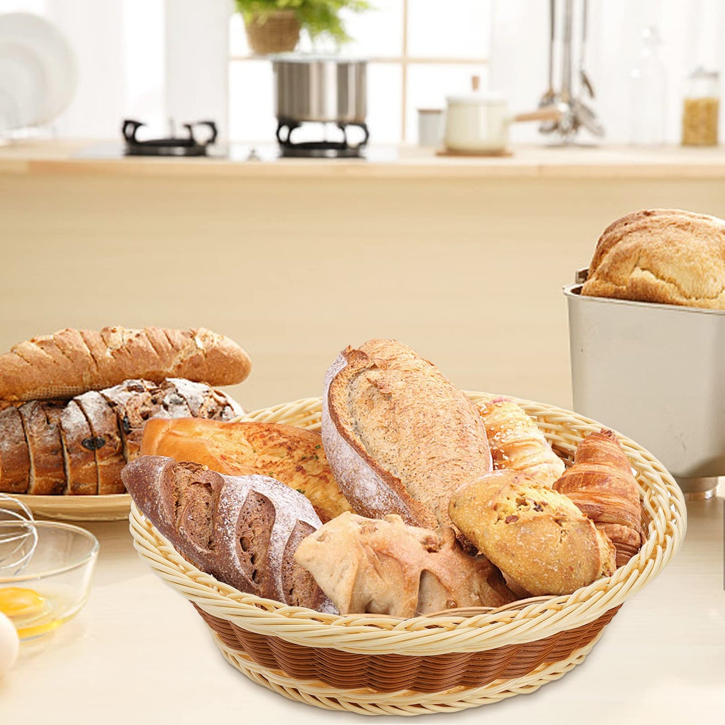 Yarlung 3 Pack Woven Bread Baskets, Plastic Wicker Fruit Baskets 11.5 Inch Round Imitation Rattan Basket, Stackable Food Serving Holder for Kitchen, Restaurant, Outdoor, Brown & Beige