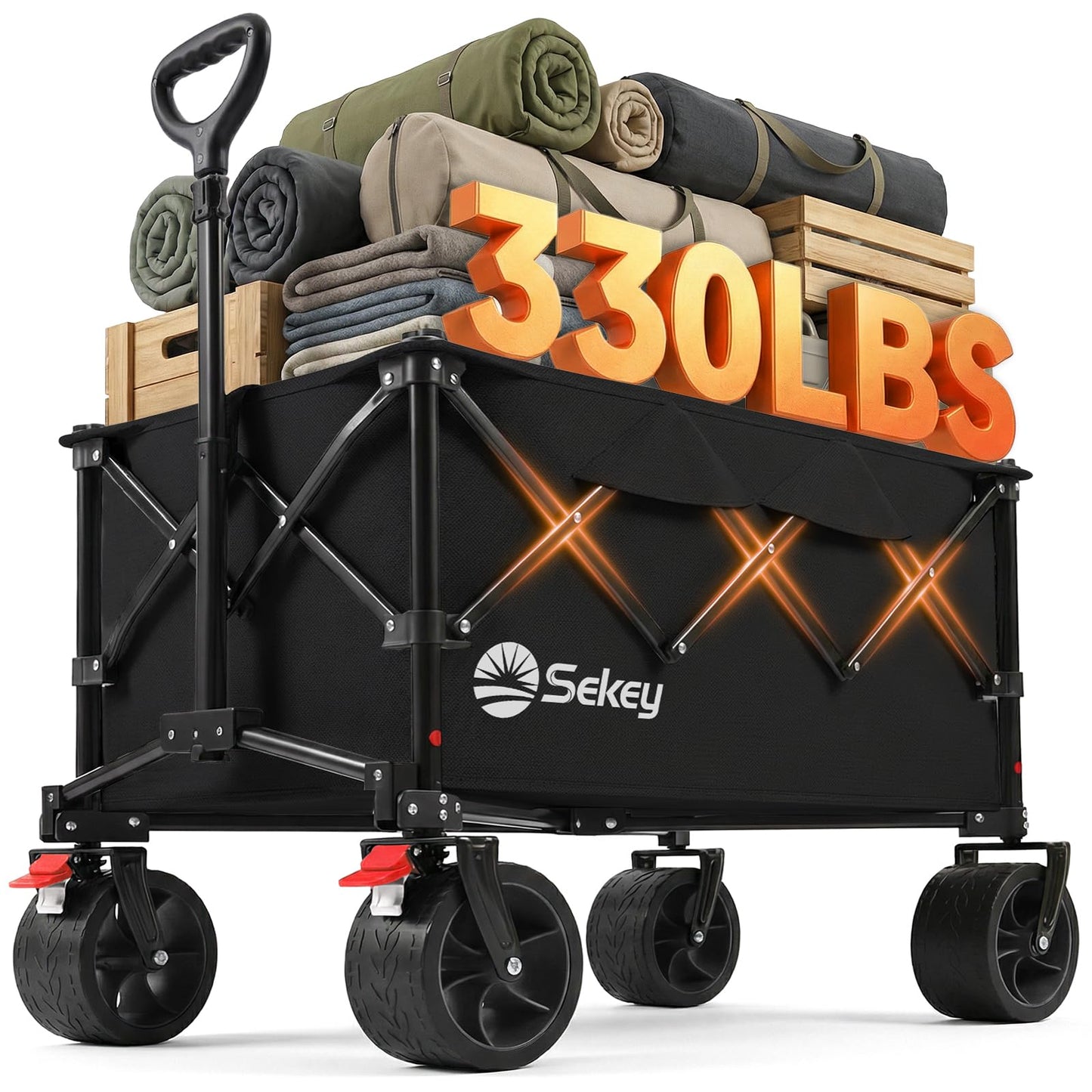 Sekey 150L Wagons Carts Foldable with Big All-Terrian Beach Wheels, Collapsible Heavy DutyWagon, Extra Large Folding Wagon,Foldable Wagon for Camping, Garden, Sports. Black