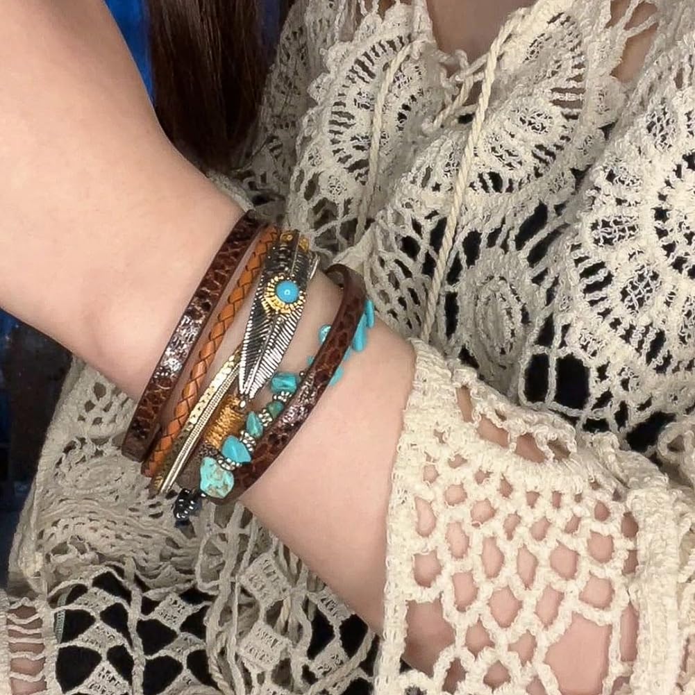 TSdiyART Turquoise Bracelet for Women, Boho Western Bracelet for Turquoise Jewelry, Leather Wrap Multi-Layer Turquoise Bracelet Bangle Jewelry (Brown)