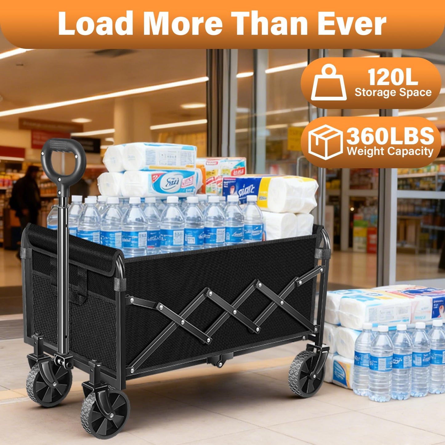 Wagons Carts Foldable, Collapsible Wagon with Wheels — Durable Folding Utility Pull Wagon Cart for Groceries, Picnic & Pets, Park Trips & Small Hauls, 280 lbs Heavy Duty Capacity,Graphite Black