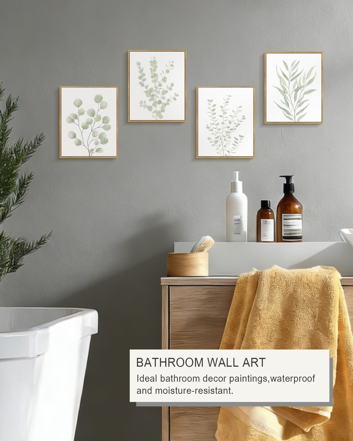 Drsoum Botanical Plant Framed Wall Art Boho Wall Decor for Bathroom Sage Green Eucalyptus Leaf Prints Minimalist Aesthetic Ready to Hang Set of 4, 8x10 in (Natural Framed)