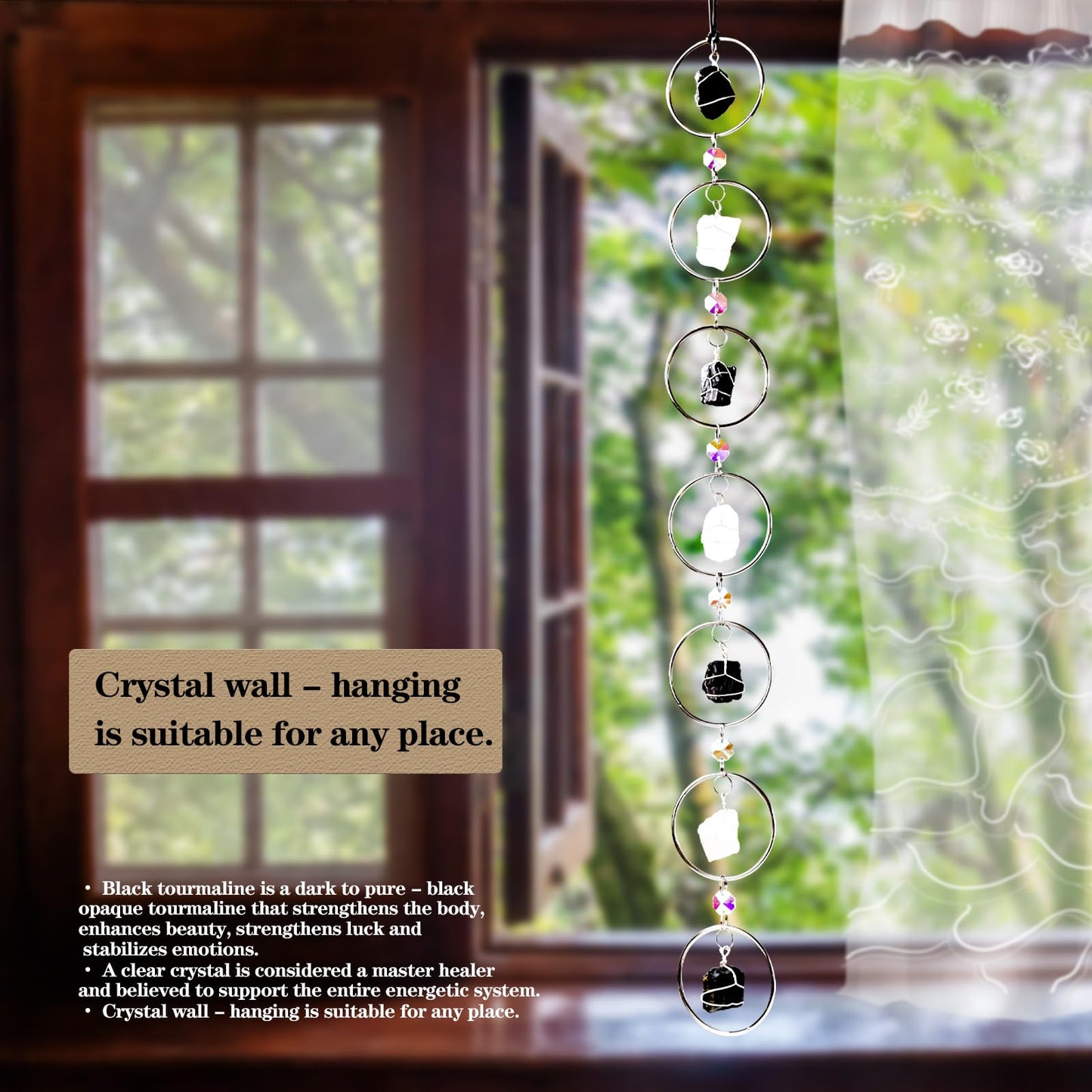 Black Tourmaline Natural Gemstone Wall Hanging - Round Crystal Sun Catcher for Windows, Boho Spiritual Home Decor, Healing Energy Ornament & Unique Gift for Women (Silver)
