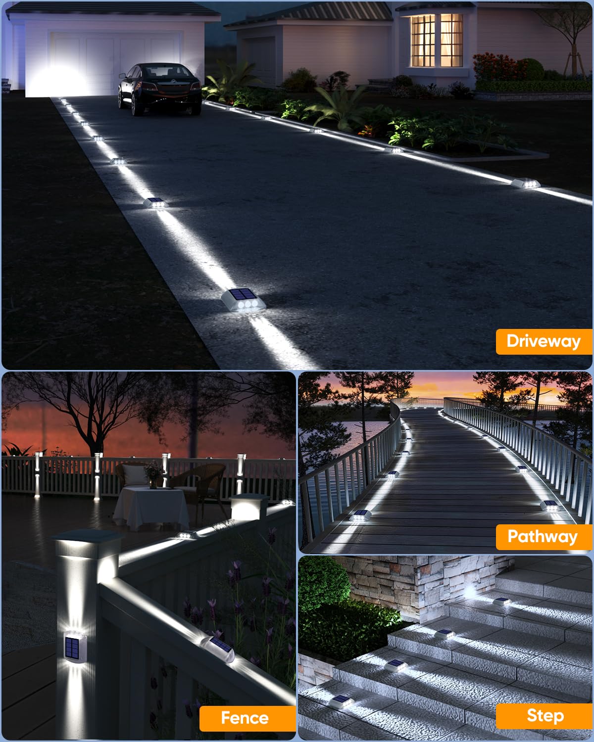 DetarZinLED Deck Lights Solar Powered, 4 Pack White Solar Pathway Driveway Light Outdoor IP68 Waterproof, Stick on & Screw Markers Deck Lights for Dock, Walkway, Sidewalk, Patio, Pool, Garden, Step